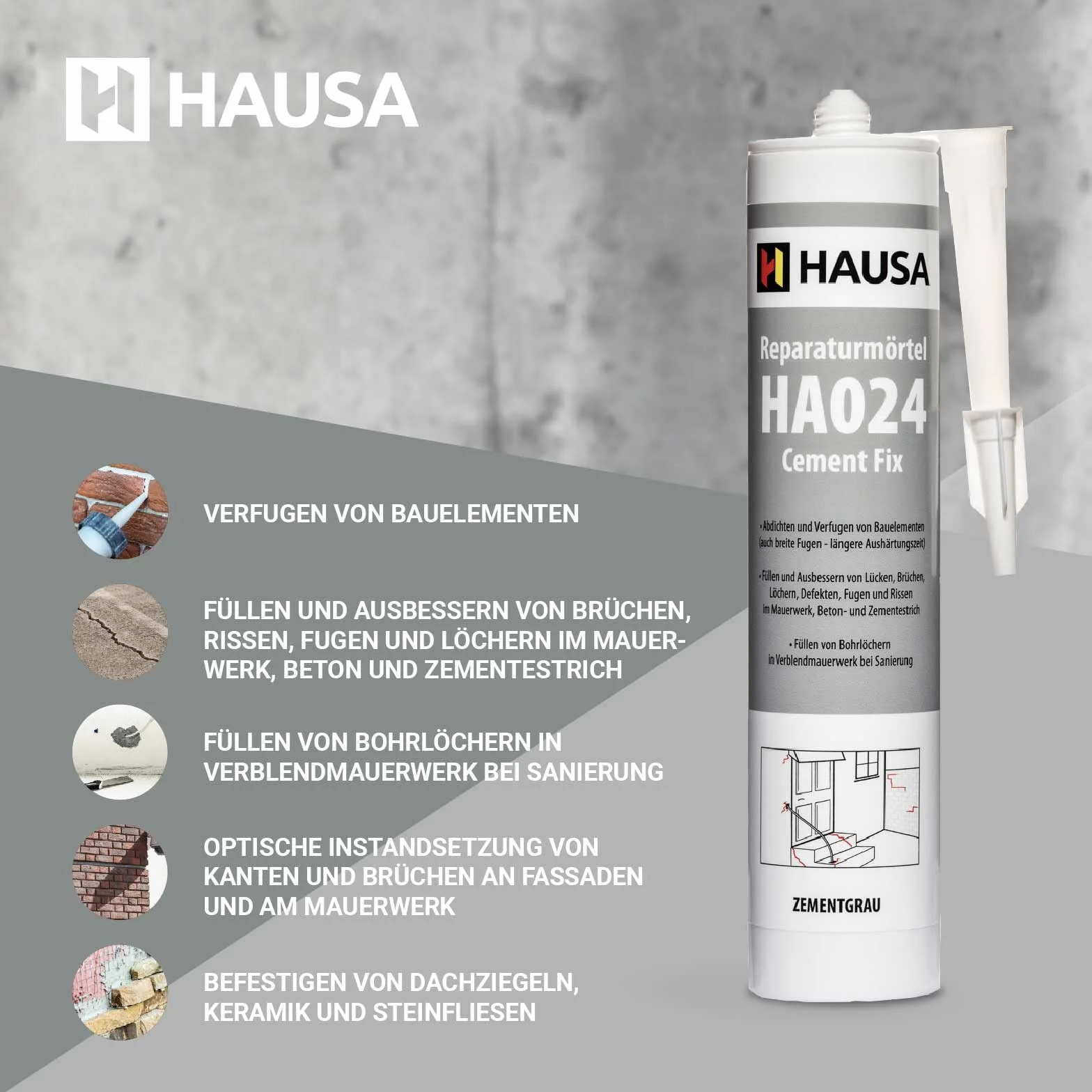 HAUSA Mortier de Réparation Cement Fix HA024 Mortier Prêt à l'Emploi pour Jointoiement Remplissage Cassures Fissures Ciment Rapide pour Intérieur et Extérieur Gris Ciment 4x 310 ml
