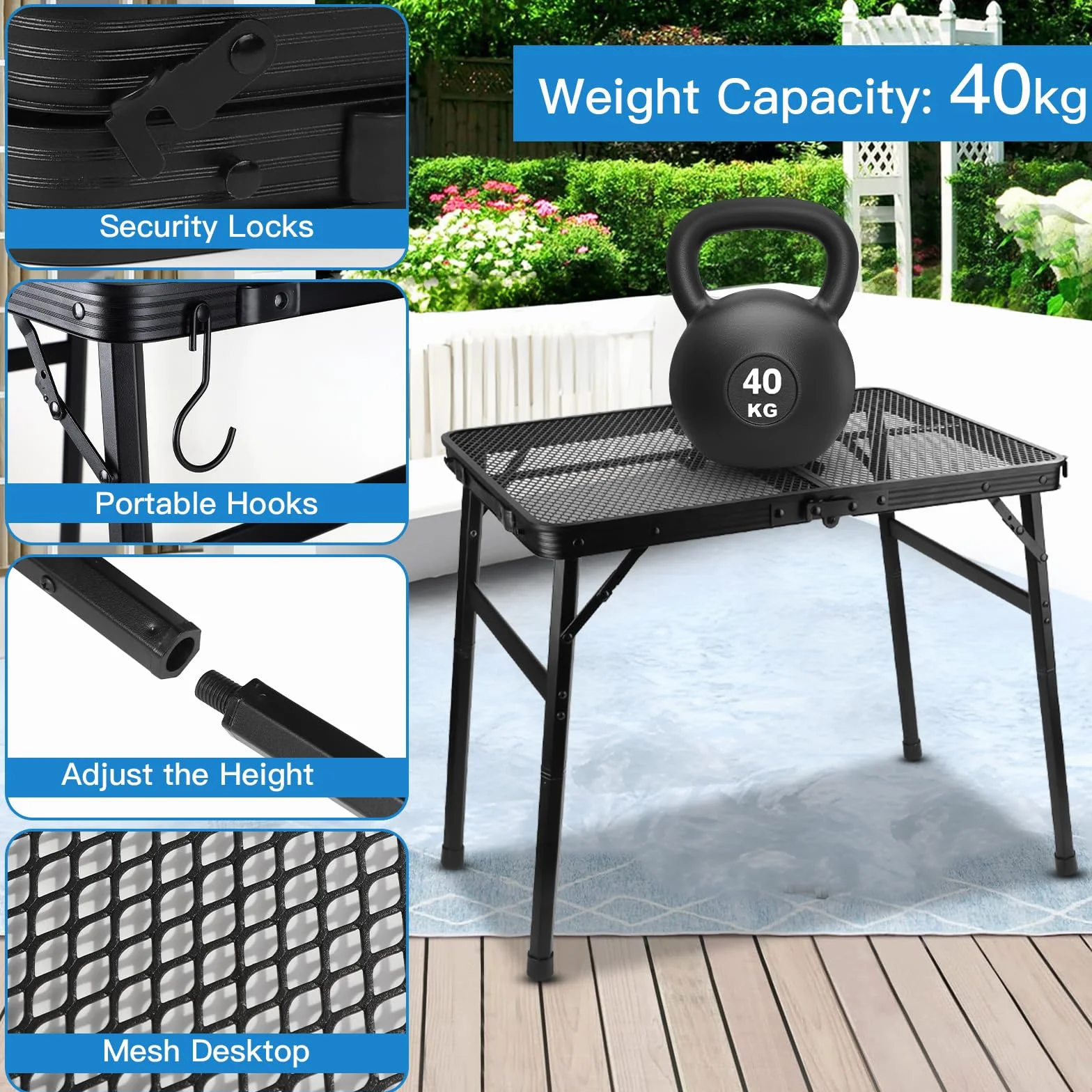 LALAGO Table de Camping Pliante 60x40cm Réglable en Hauteur 27/56cm Alu Noir