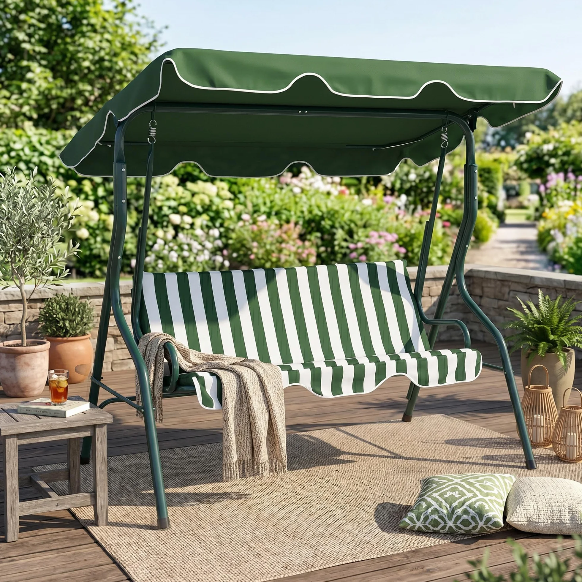 Outsunny Balancelle de Jardin 3 Places Toit imperméabilisé Inclinaison réglable Acier Polyester Vert Blanc rayé 1,7L x 1,1l x 1,53H m