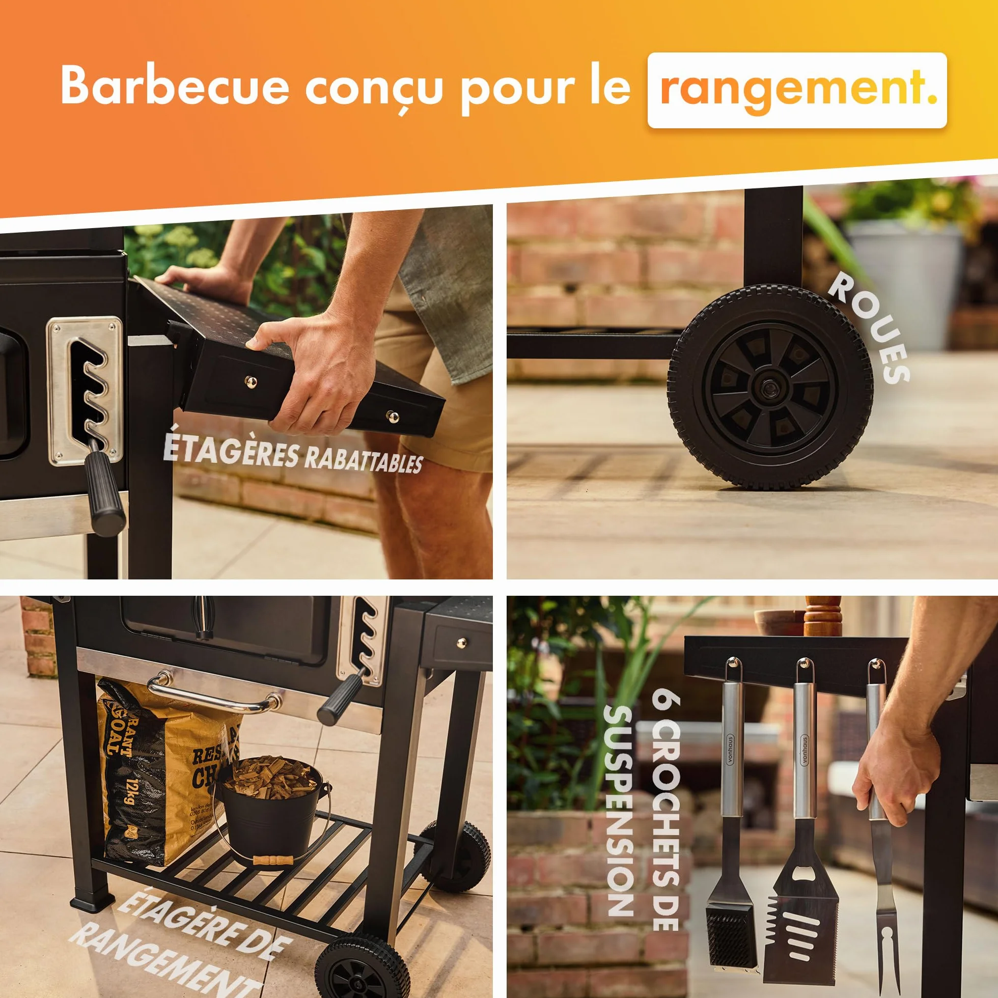 VonHaus Barbecue au Charbon XL avec Grille de Maintien au Chaud et Tablettes Rabattables – Grill et Fumoir 2-en-1