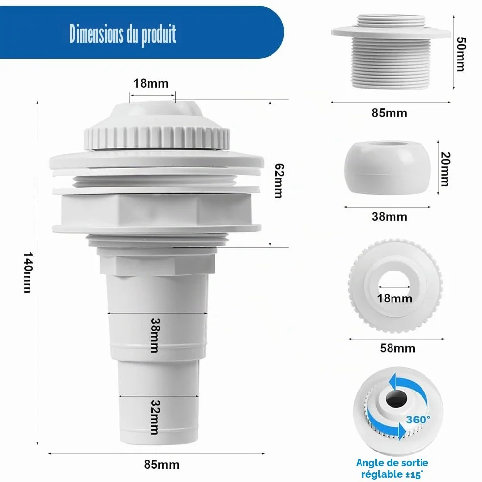 Buse d'entrée pour Piscine 32/38mm, Buse de Refoulement Ø 58 mm, Adaptateur de Tuyau réglable