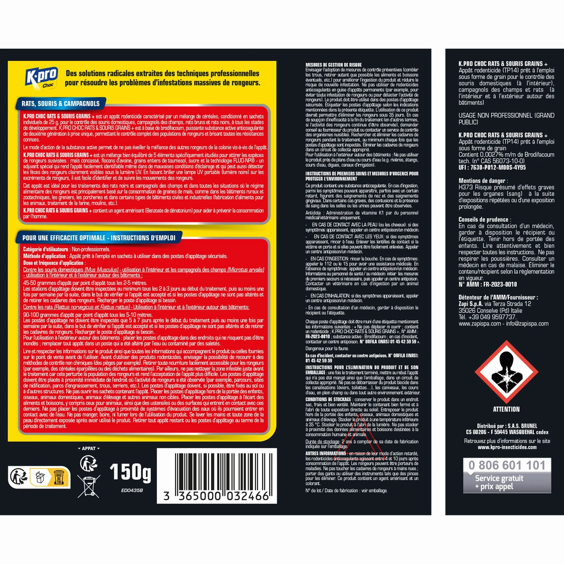 K.PRO Grains Anti Rats Souris Campagnols Action Rapide 6 sachets 25g 150g