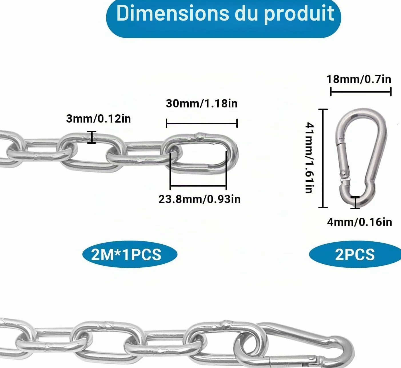 Chaîne Acier Inoxydable 2 m avec 2 Mousquetons 3 mm | Chaine acier haute résistance pour chaine cadenas, vélos, motos, portails, animaux et chaine chien