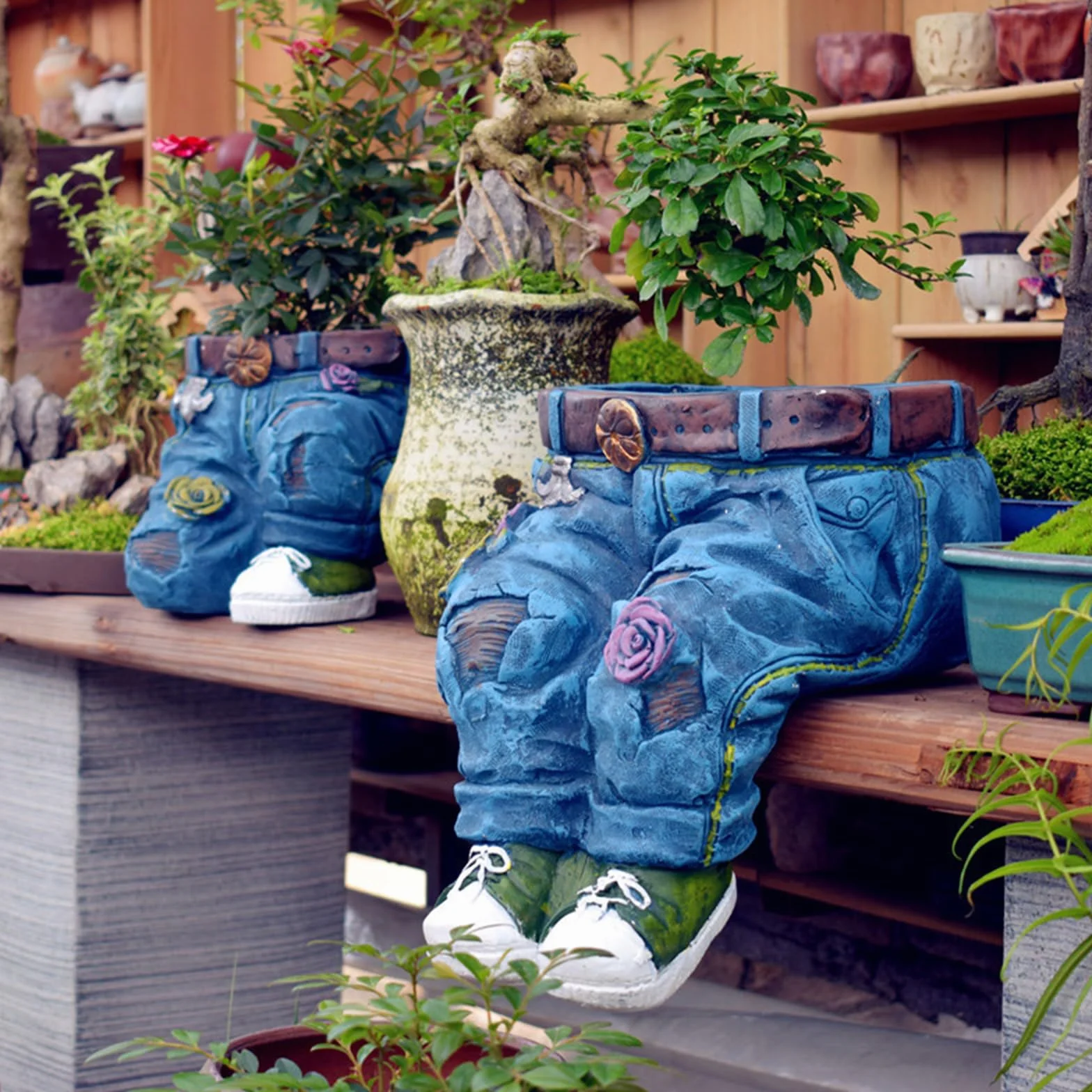 Rétro Denim Jeans Pot de Fleurs en Résine pour Jardin Intérieur Extérieur