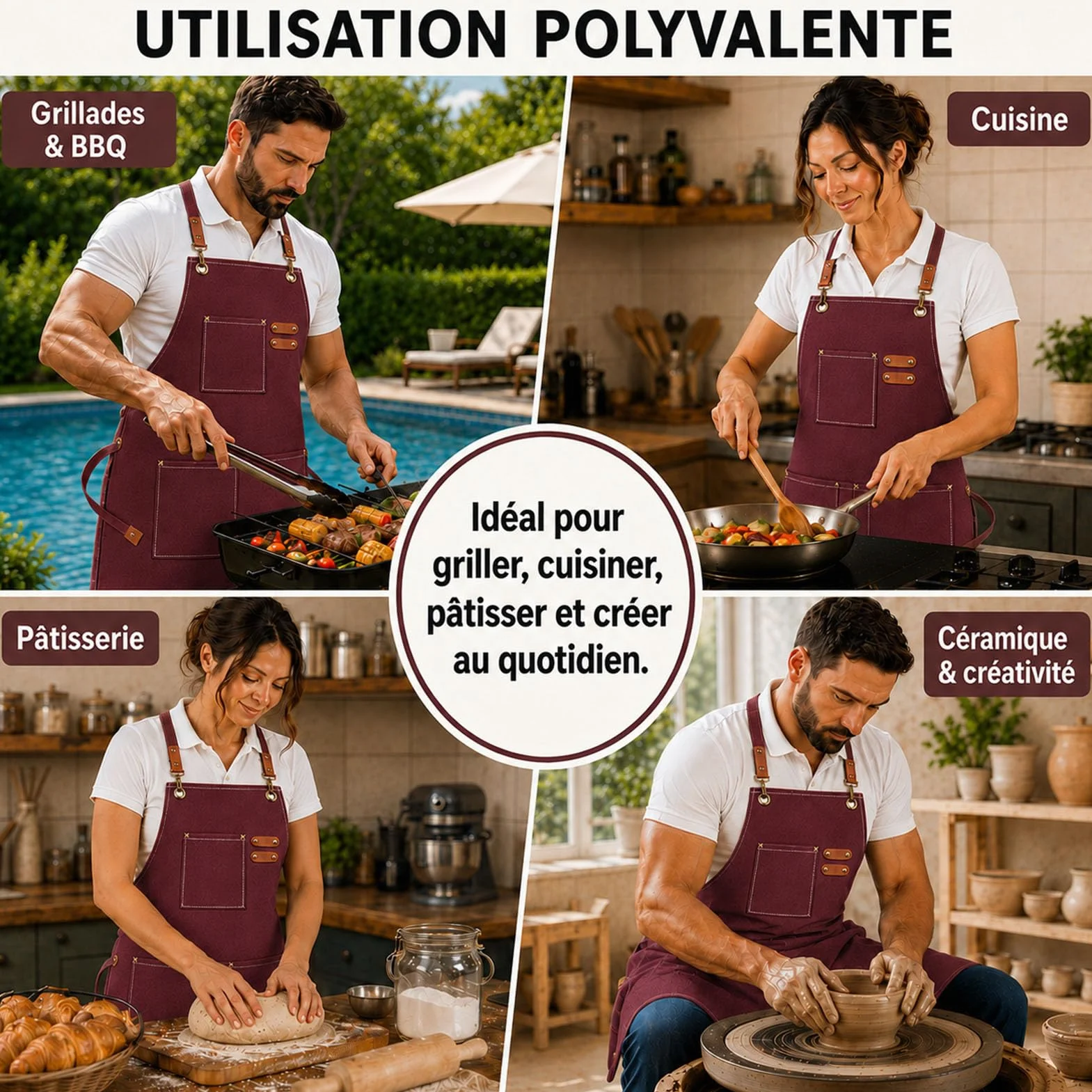 Tabliers de Cuisine 68x76cm Réglable avec 3 Poches pour Hommes Femmes Barbecue