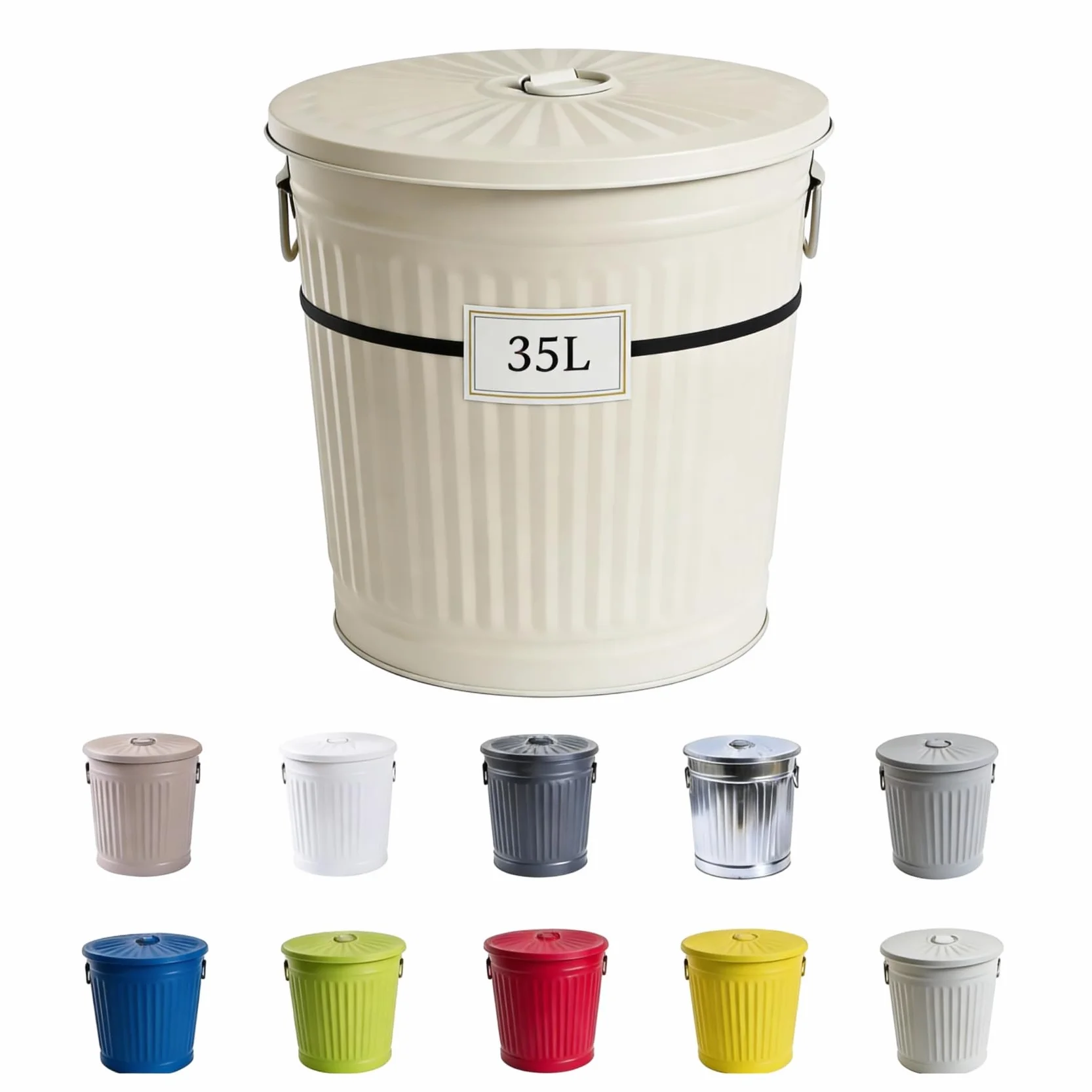 Poubelle Métal Galvanisé 35L Ø36xH36,5cm Blanc Crème