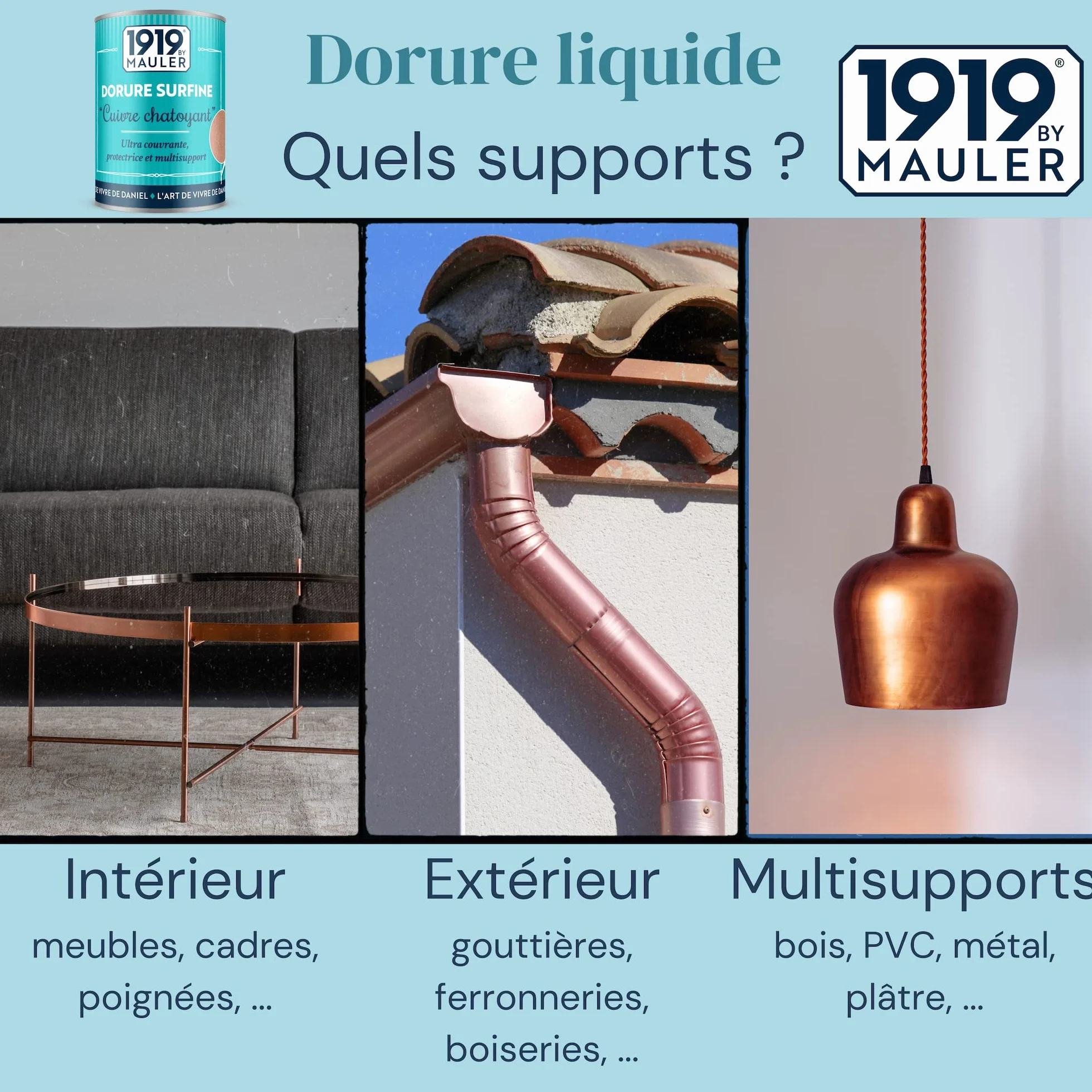 1919 BY MAULER - Peinture « DORURE SURFINE » - Cuivre - 0,125L - Multisupports intérieur et extérieur (bois, métal, PVC, support peint) : effet métal véritables pigments métalliques