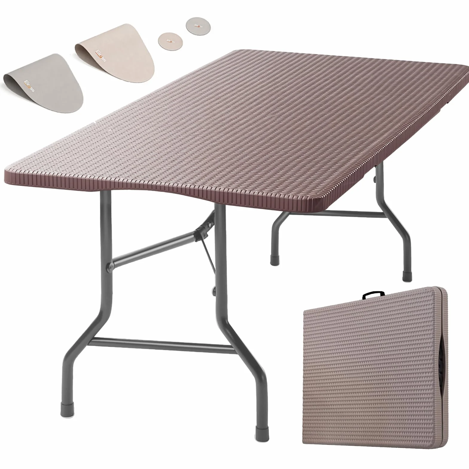 Table Pliante Extérieur 180x70cm Jardin 8 Personnes Marron Plastique Effet Rotin Métal 150 kg