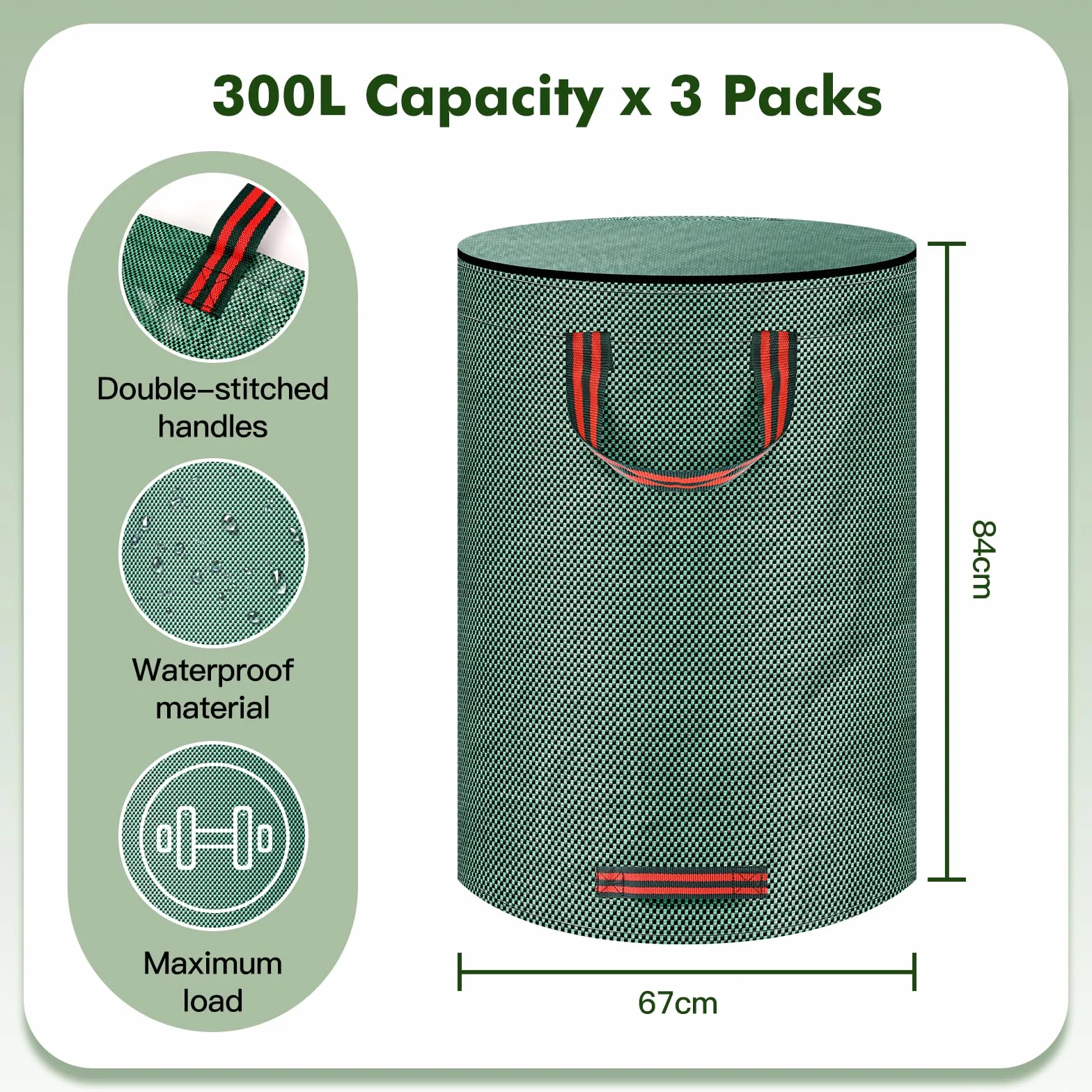 Sac Jardin 300L Vert avec Couvercle 4 Poignées Résistant Pliable Réutilisable Déchets Feuilles Débris
