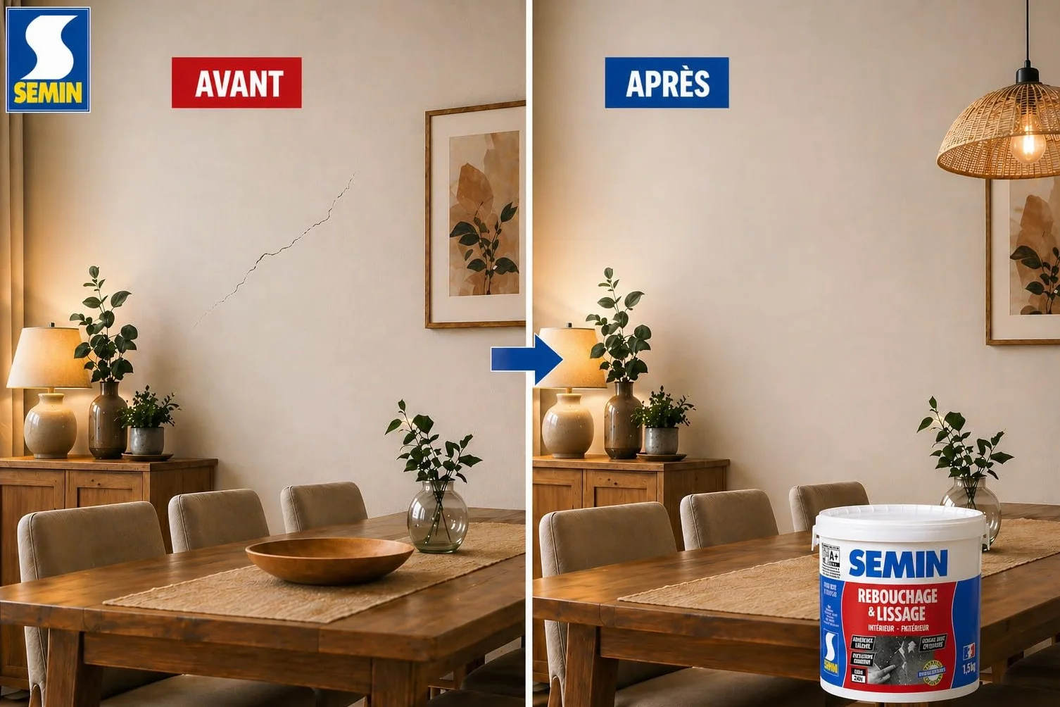 SEMIN Enduit de Rebouchage en Pâte 1.5 kg – Spécial Trous, Fissures & Trous de Vis – Intérieur/Extérieur – Prêt à l’Emploi – Excellente Finition – Haute Adhérence