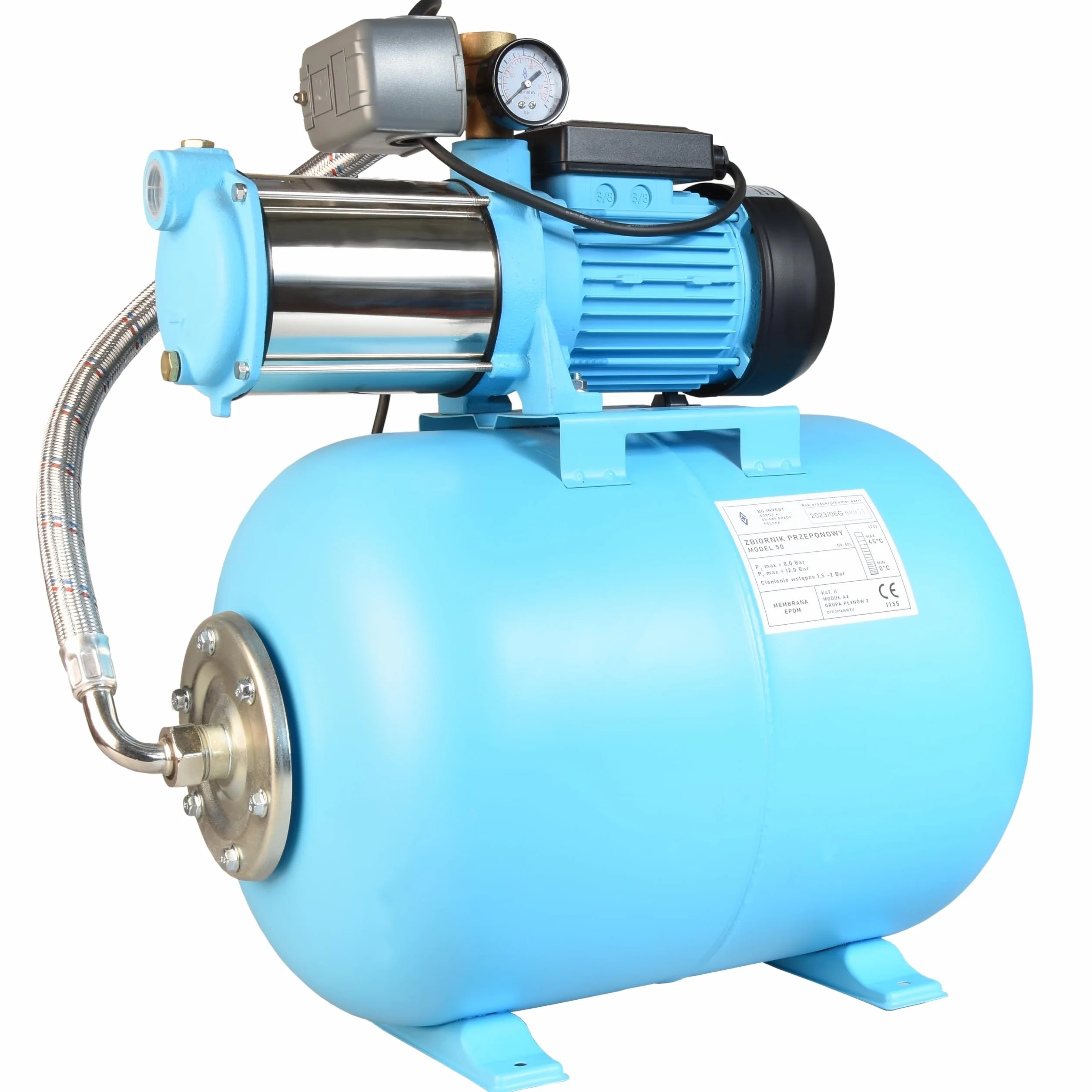 Pompe à Eau MAX-H 1300 avec Réservoir 50L - Pompe d’arrosage de Jardin (1300 W, 6000 l/h, hauteur max. 55 m) - Groupe de Surpression Set - Réservoir à Vessie Sous Pression 50 L - pour Eaux Claires