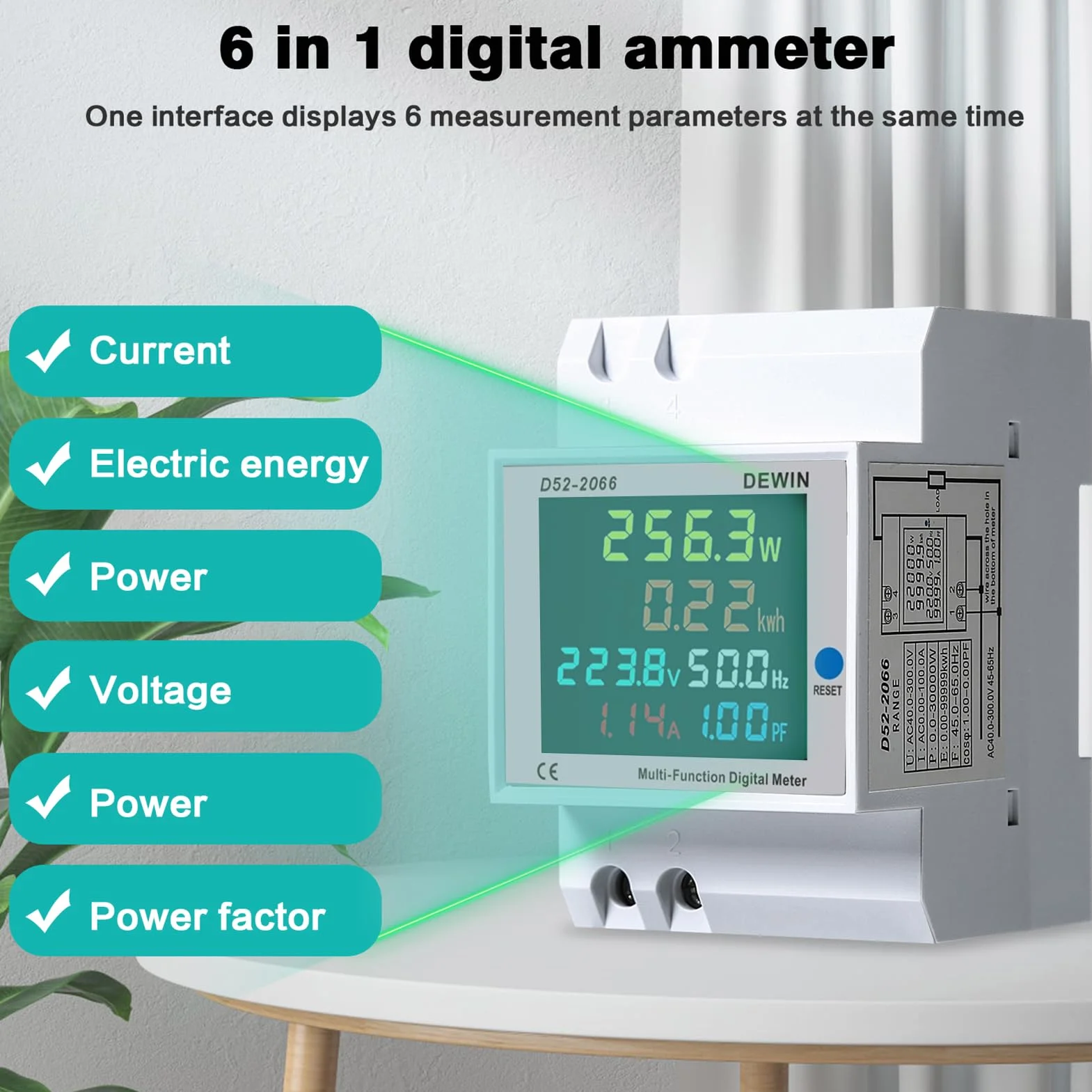 Compteur d'énergie sur rail DIN, 40-300 V CA, 100 A, wattmètre 6 en 1, compteur d'énergie numérique LCD, ampèremètre monophasé