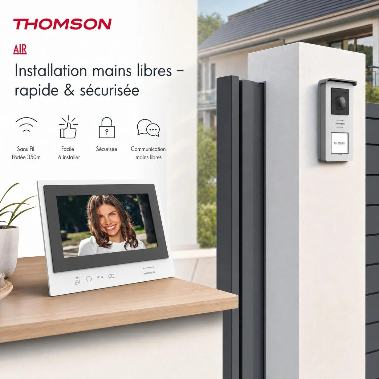 THOMSON Visiophone sans Fil HD Écran 7'' Portée 350m SD 8 Go Vision Nocturne IR Double Commande Portillon/Portail