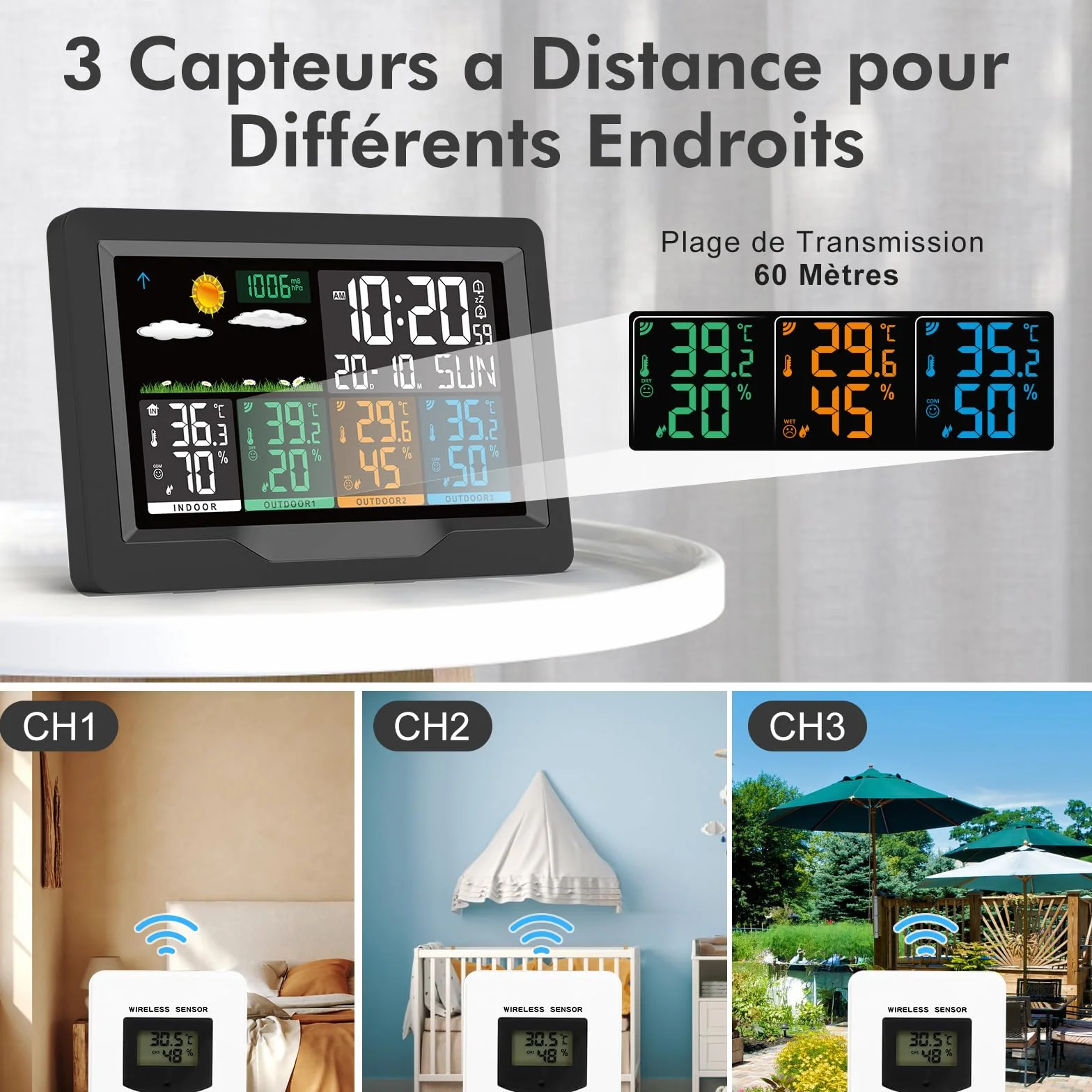 Station Météo Sans Fil avec 3 Capteurs Intérieur Extérieur, Écran LCD Rétroéclairage Réglable, Baromètre, Réveil, Prévisions