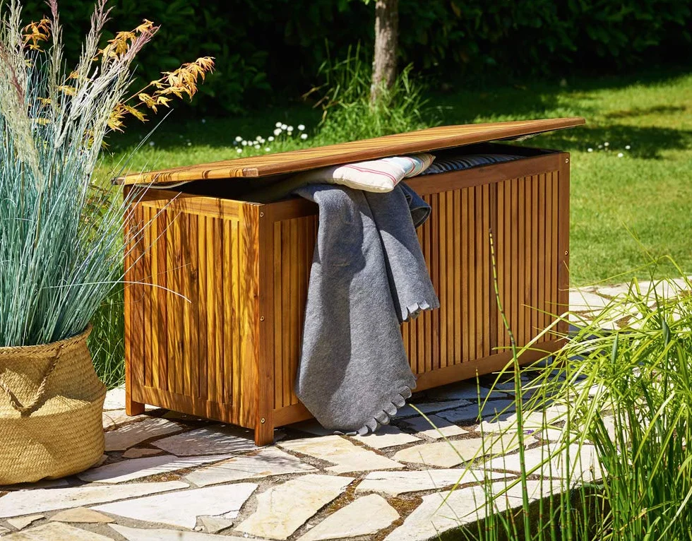 Casaria Coffre de Jardin 205 L Bois d'Acacia Rangement Extérieur Bâche Intérieure Couvercle Renforcé Charge 160 kg