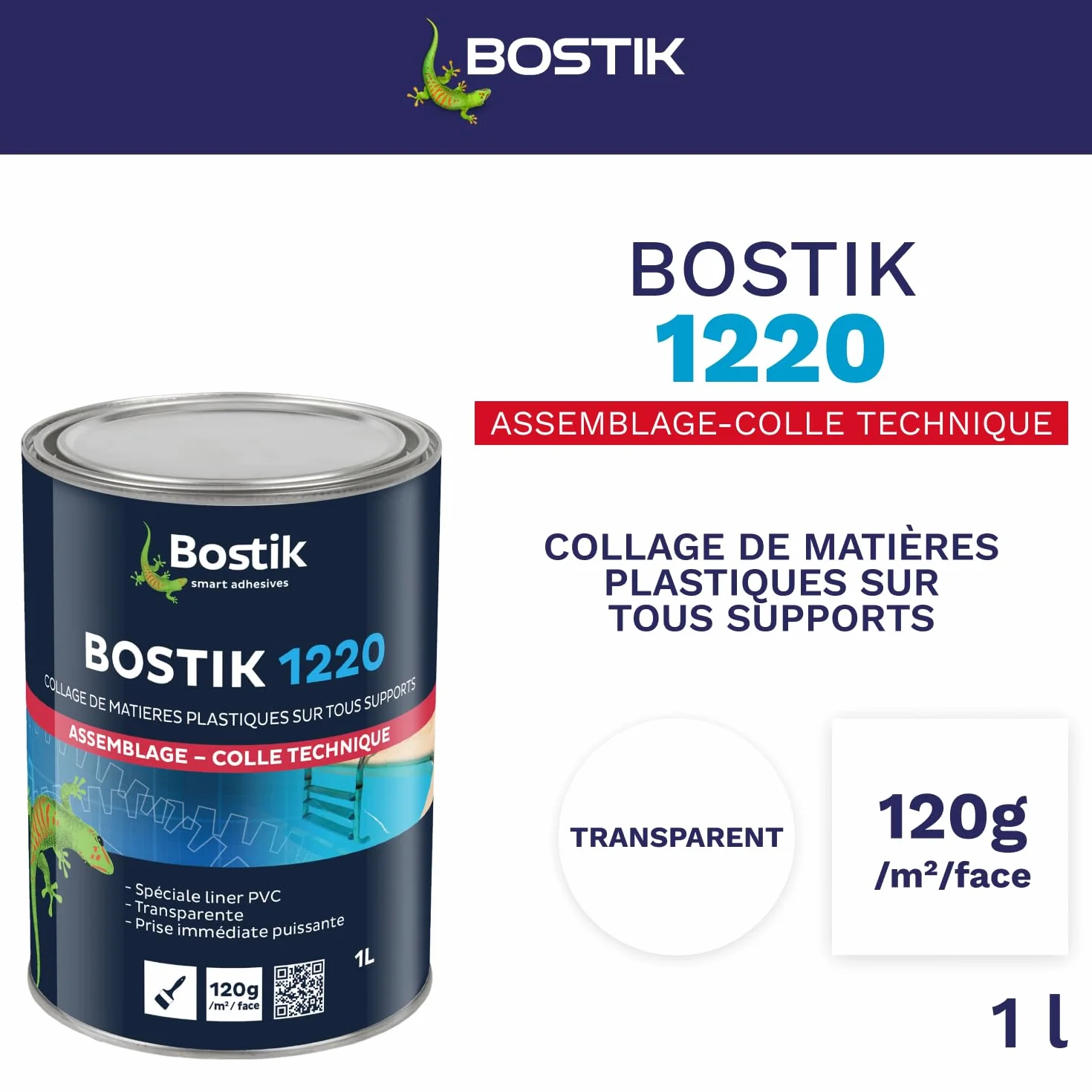 Bostik - Colle Contact Nitrile Liquide 1220 - Multi-Usages - Idéale Pour Liner PVC - Transparente - Pot de 1L