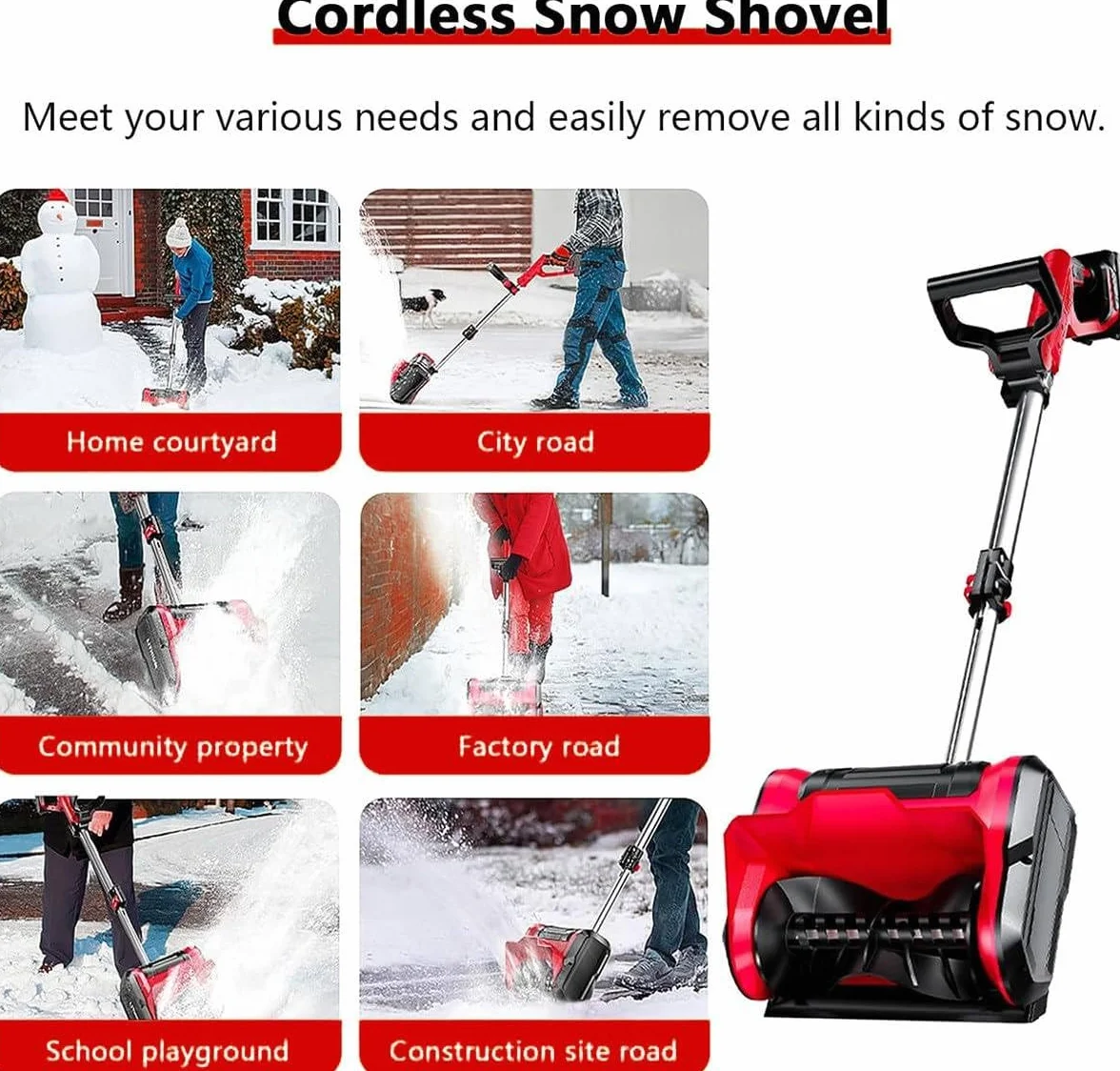 Souffleuse à Neige 1200W sans Fil 20V Batterie, Largeur 32cm, Hauteur 16cm, Distance 8m