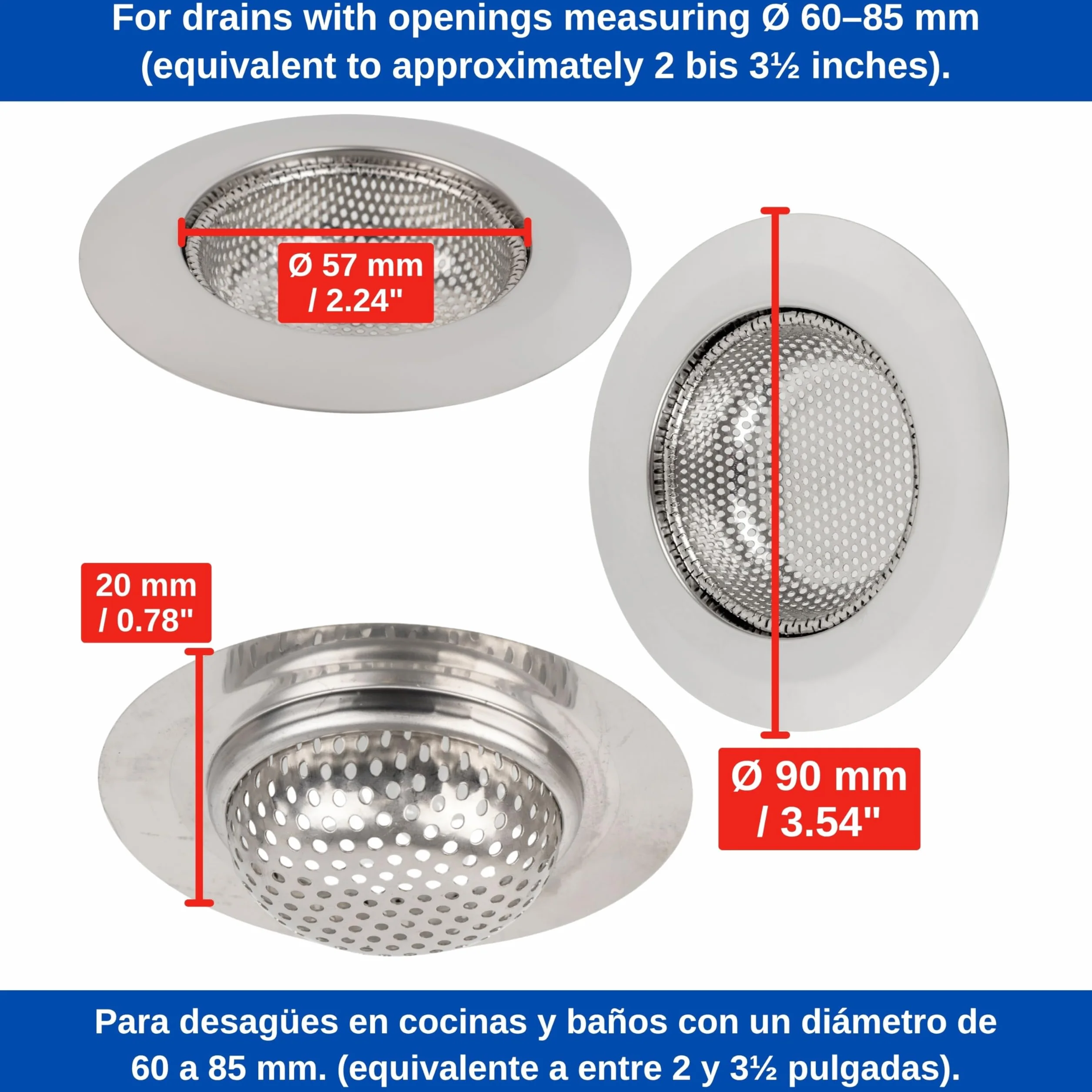 Crépine de vidange, Jeu de 3, Ø 90 mm, Convient aux drains de Ø intérieur 57 mm, dépasse de 20 mm de Profondeur dans Le Bec, crépine d'évier avec Ajustement optimisé, idéale pour Evier, Baignoire