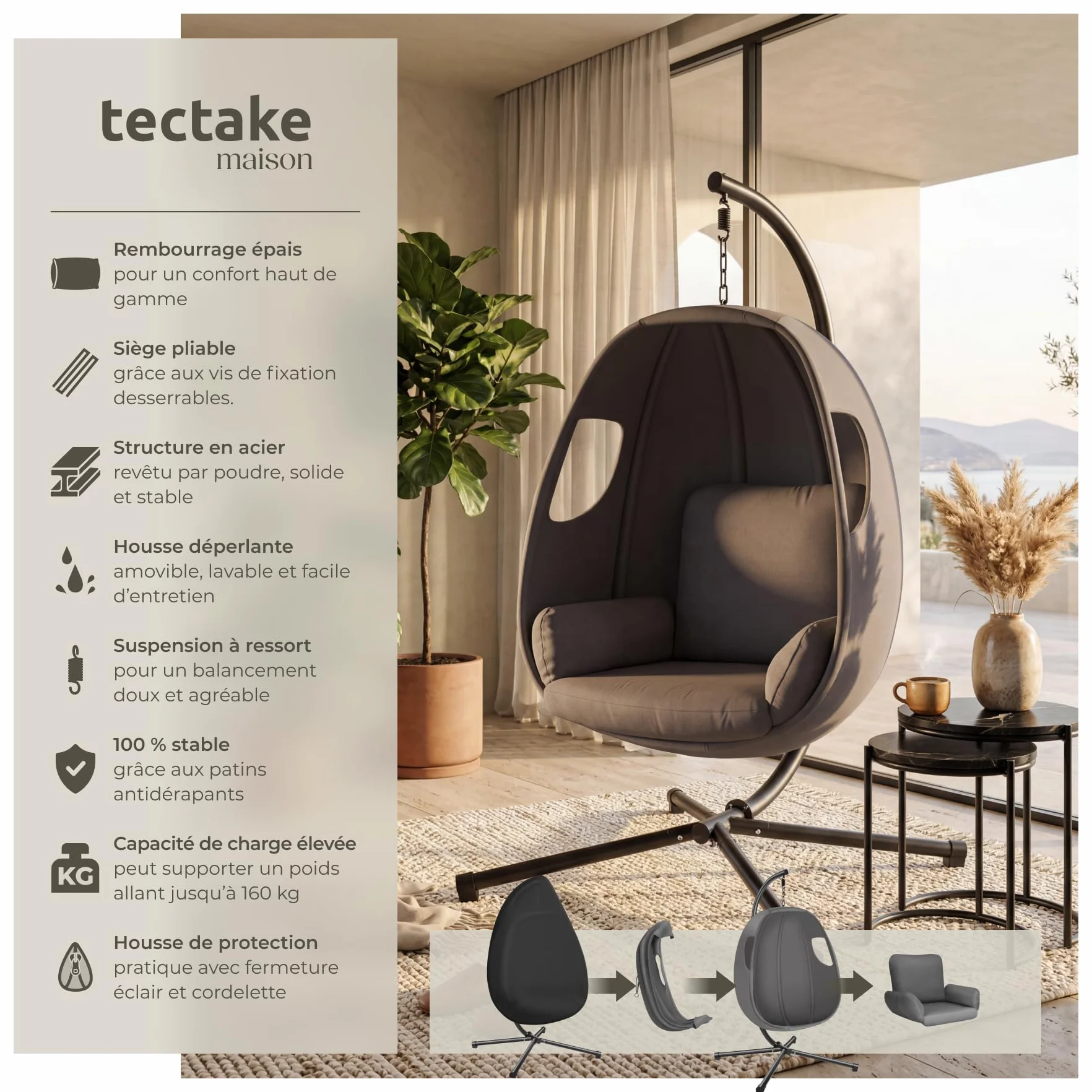 Tectake Fauteuil Suspendu Oeuf Acier Résistant aux Intempéries 160 kg avec Coussins et Housse