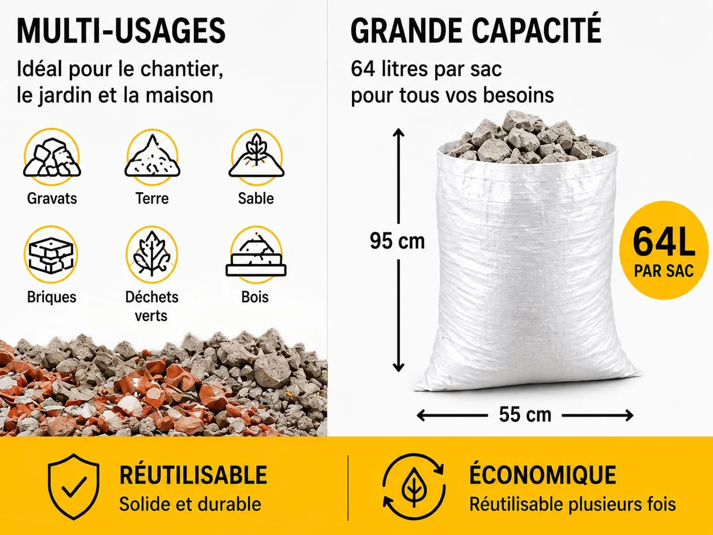 Sacs de Chantier Renforcés Gravat 95x55 cm 55 kg Polypropylène Tissé Haute Résistance Lot de 20