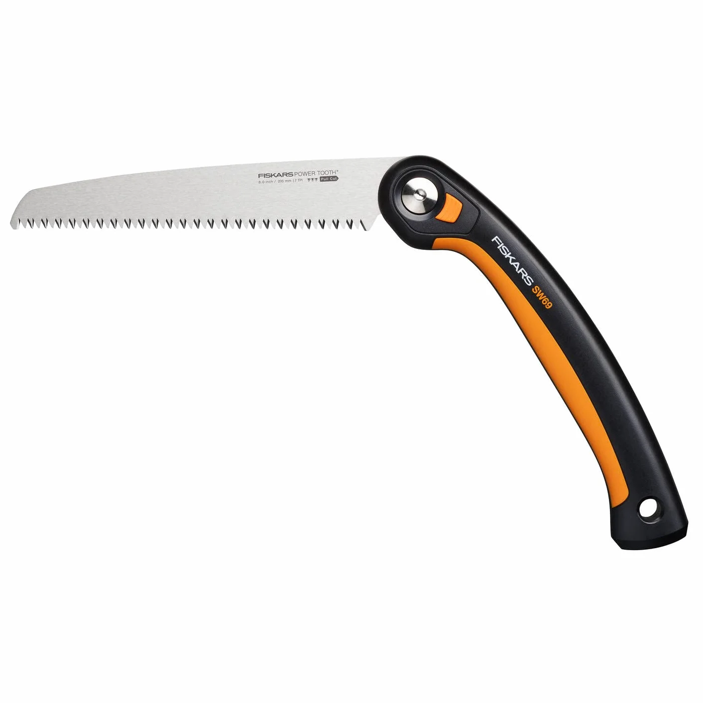 Fiskars Plus Scie Pliaple, pour Troncs et Branches épais, 3 positions de Coupe, Lame Power Tooth tranchante, Denture grossière, Longueur de la lame : 21 cm, Noir/Orange, SW69, 1067553