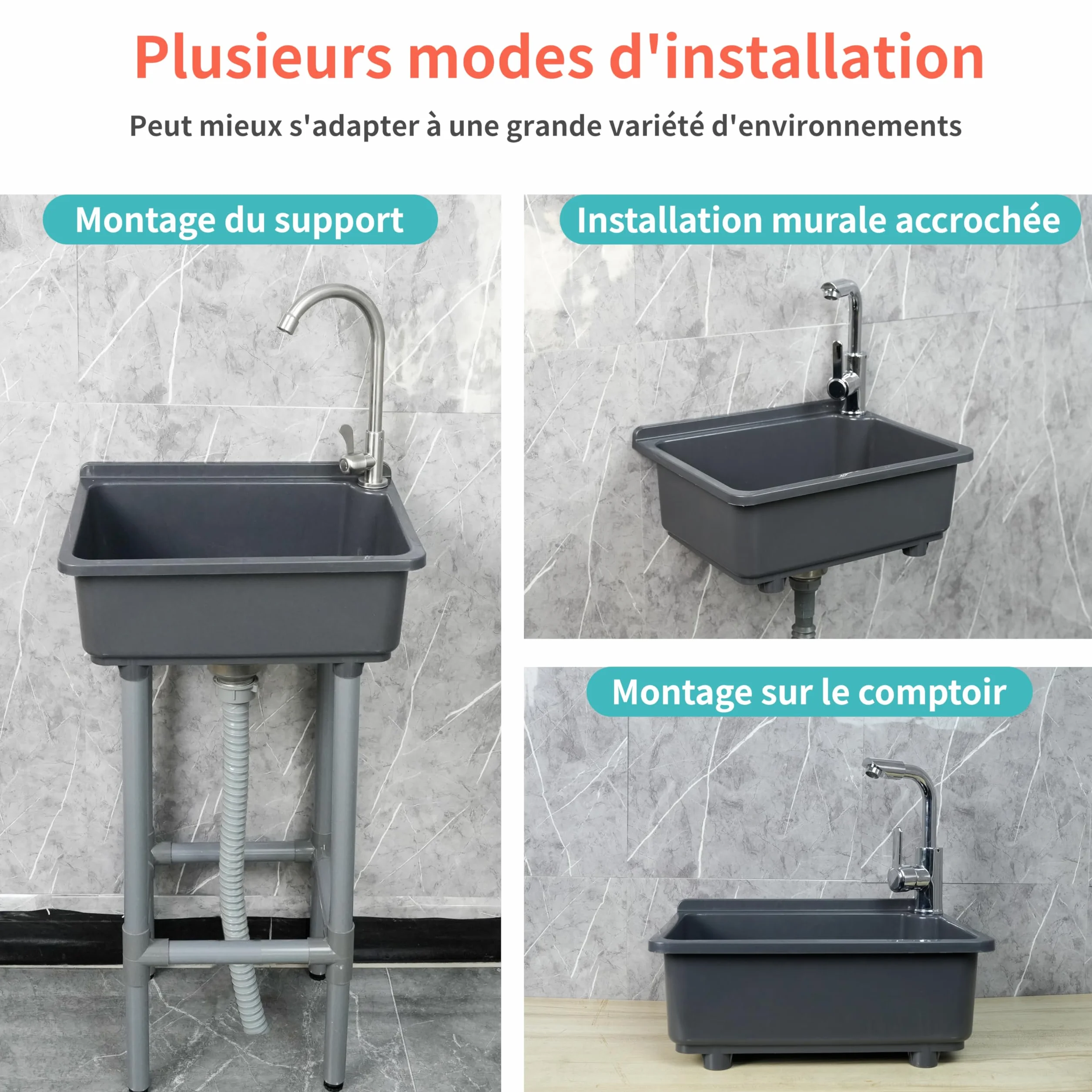 Évier utilitaire mural 42 x 32 cm avec trou de robinet 3,2 cm plastique