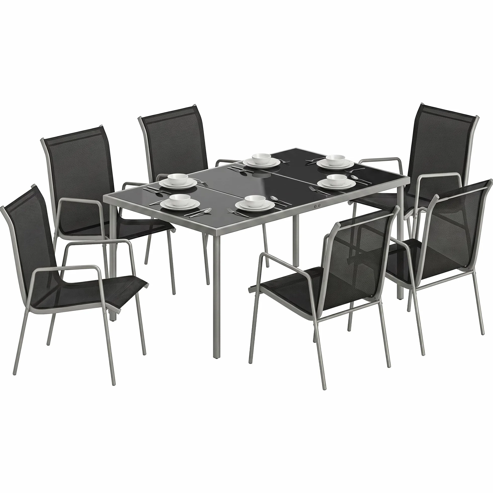 Outsunny Salon de Jardin 6 Personnes Table et Chaises Empilables Textilène Plateau Verre Trempé Argent