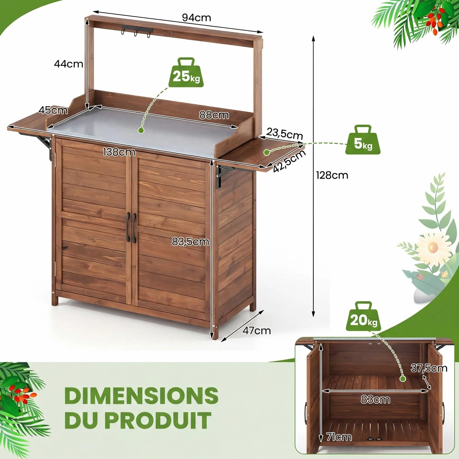 RELAX4LIFE Table de Rempotage d'Extérieur en Bois avec Armoire, Plateau Métal, Étagère 3 Niveaux