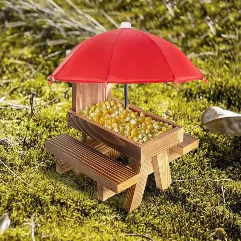 Mangeoire pour Écureuils en Bois avec Parasol et Banc, 18x21x18cm Marron
