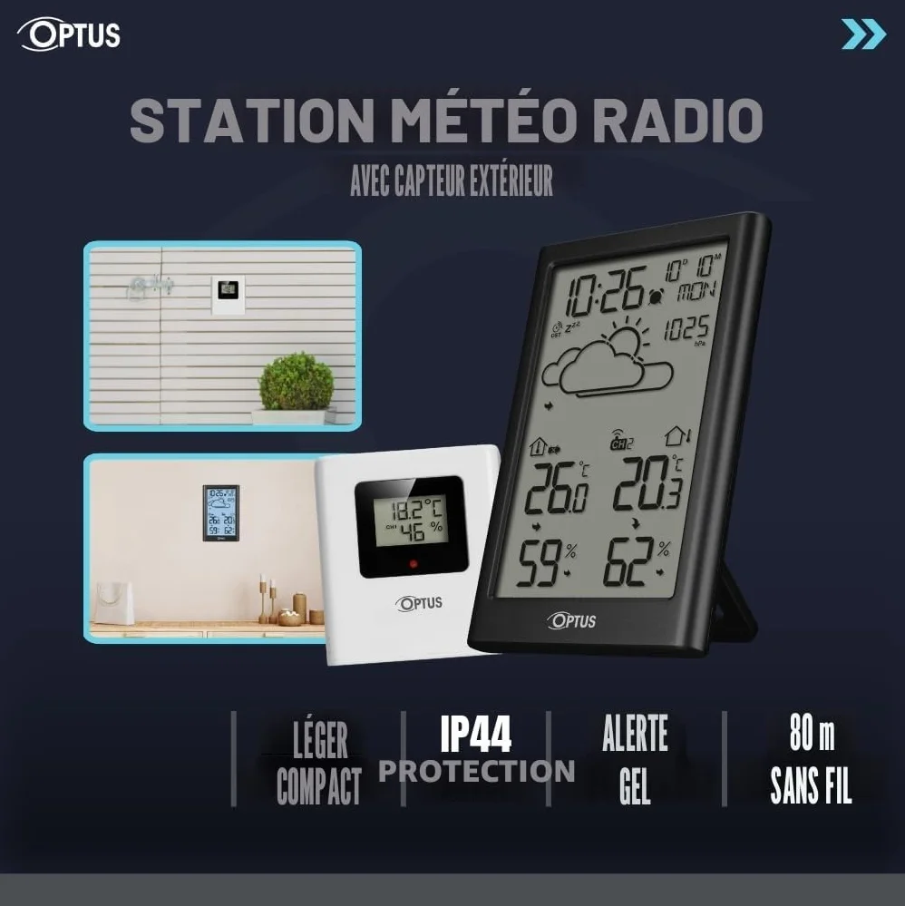 Station météo sans fil Optus avec capteur extérieur, horloge DCF, alerte gel, noir