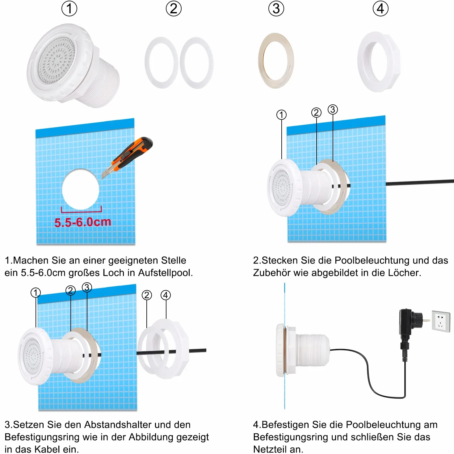 Éclairage de piscine LED 12W RGB IP68 12V avec télécommande câble 7m