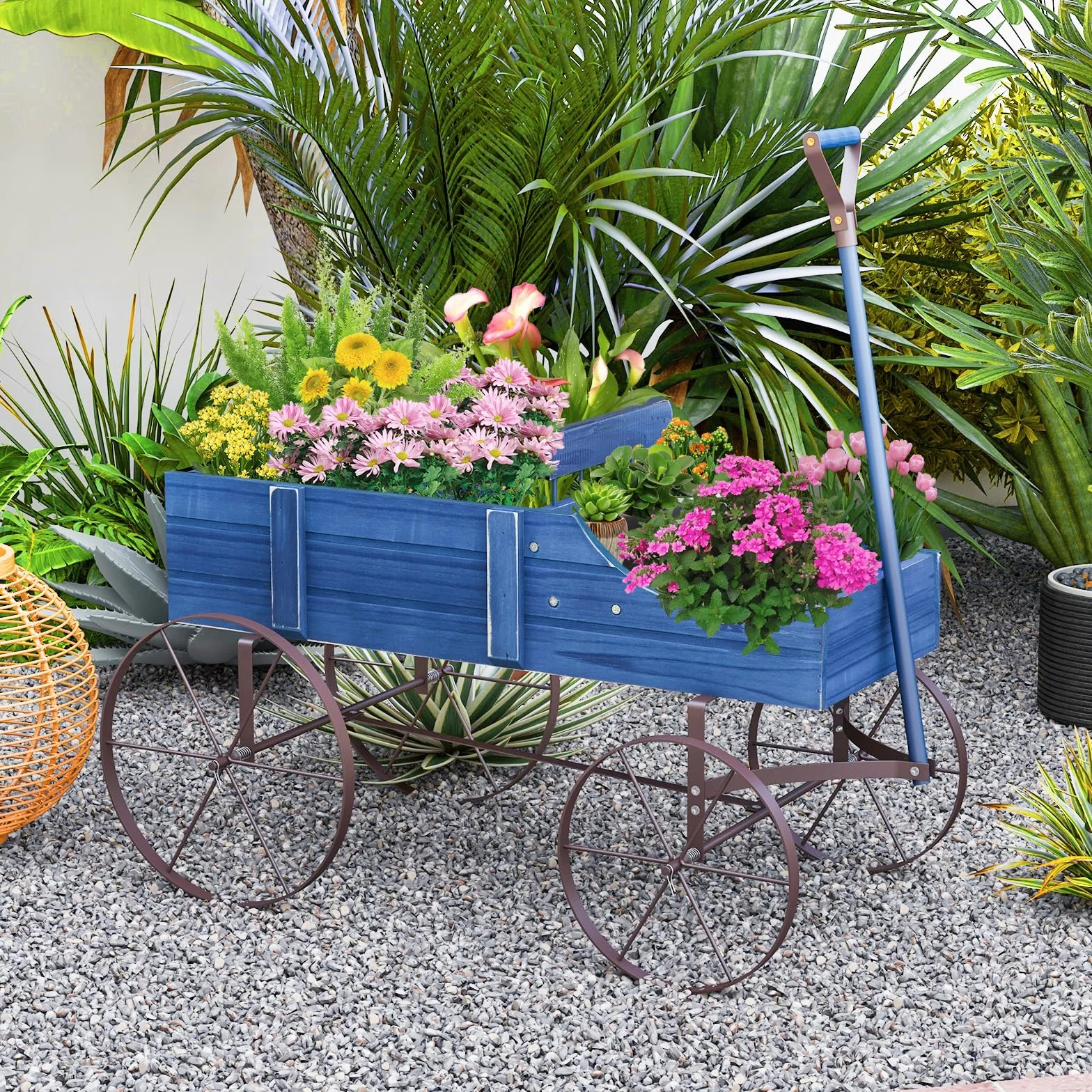 Jardinière Forme Brouette GOPLUS en Bois avec Roues Métal 4 Roues 2 Bacs Plantation 15kg 35x62,5x60cm Bleu
