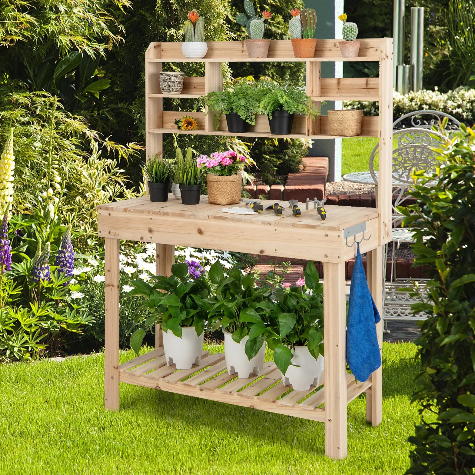 GOPLUS Table de Rempotage en Bois Plateau Ouvrable, Jardinage avec Étagères, Crochets et Tiroir, Charge 150 KG, 110 x 50 x 153 CM
