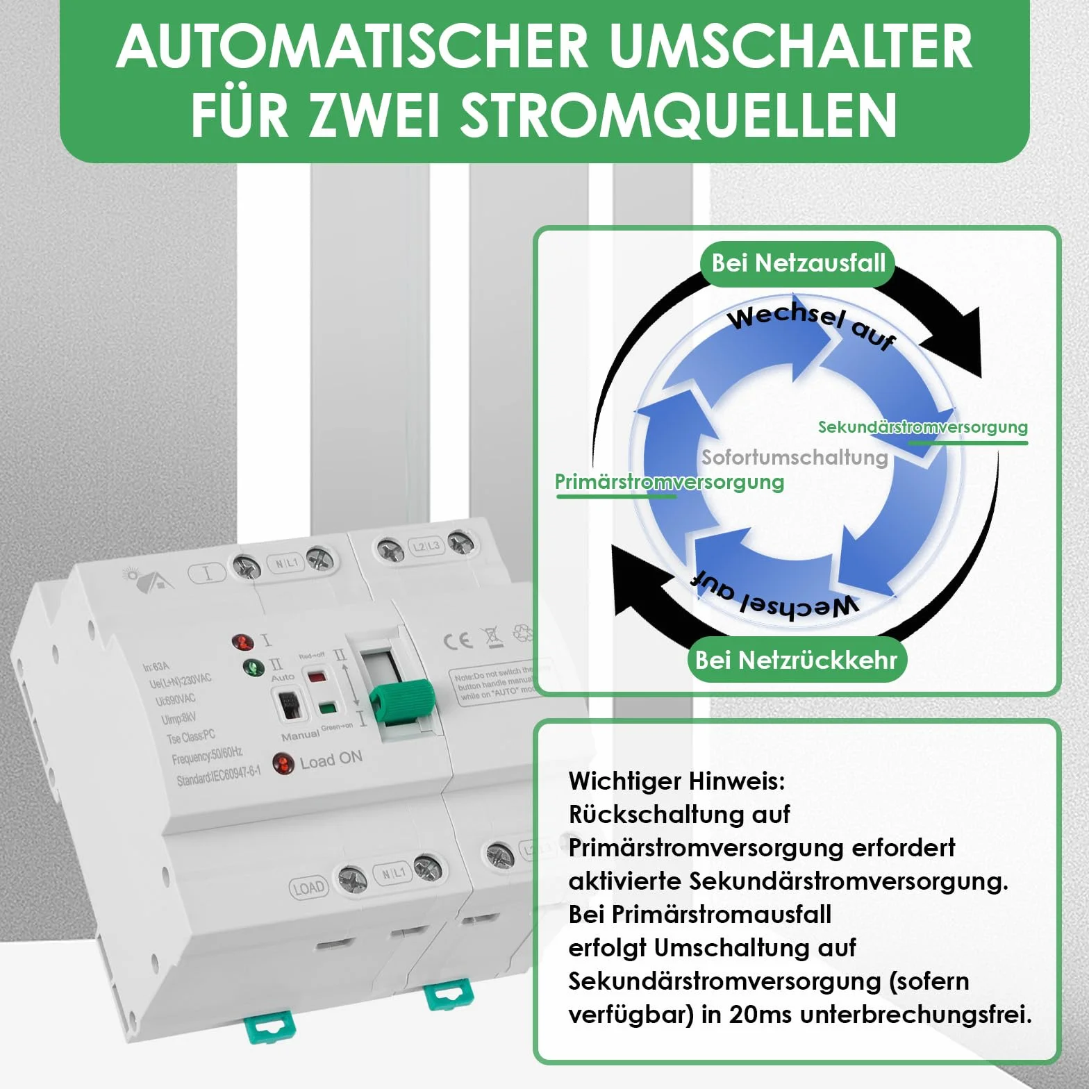 Inverseur de Source Automatique 63A 4P pour Rail DIN, ATS Mini 400V avec Commutation Rapide <50ms pour Générateur de Secours dans Armoire Électrique - Inverseur de Source Monophasé 63a