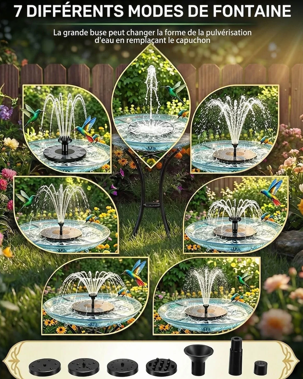 Fontaine Solaire Extérieure de Jardin Flottante avec 7 Jets d’Eau et Éclairage RGB