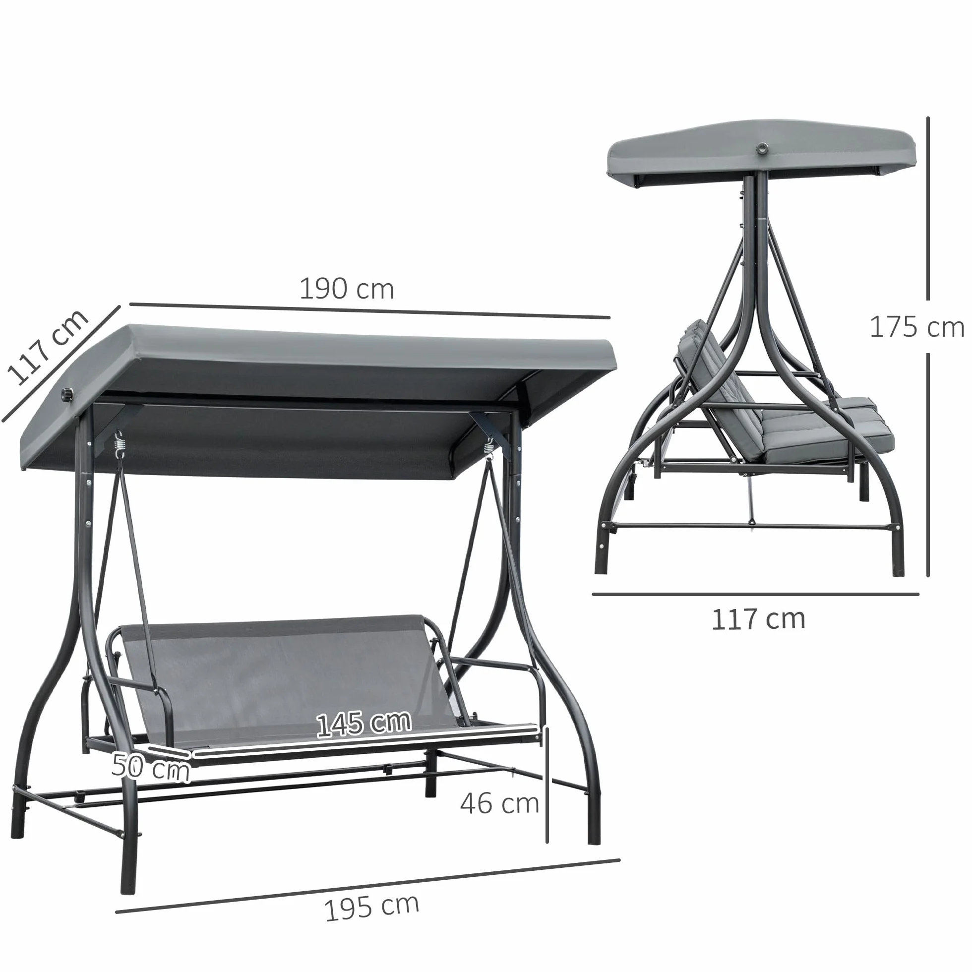 Outsunny Balancelle de Jardin 3 Places Convertible Toit réglable Matelas 7 cm Gris métal époxy Noir