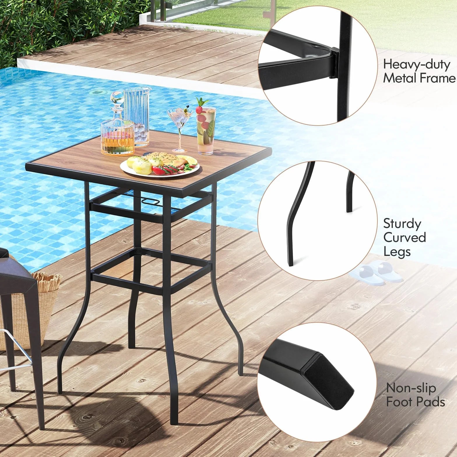 KOMFOTTEU Table de Bar Style Moderne Plateau SPC 70x70x102 cm Métal Intérieur Extérieur