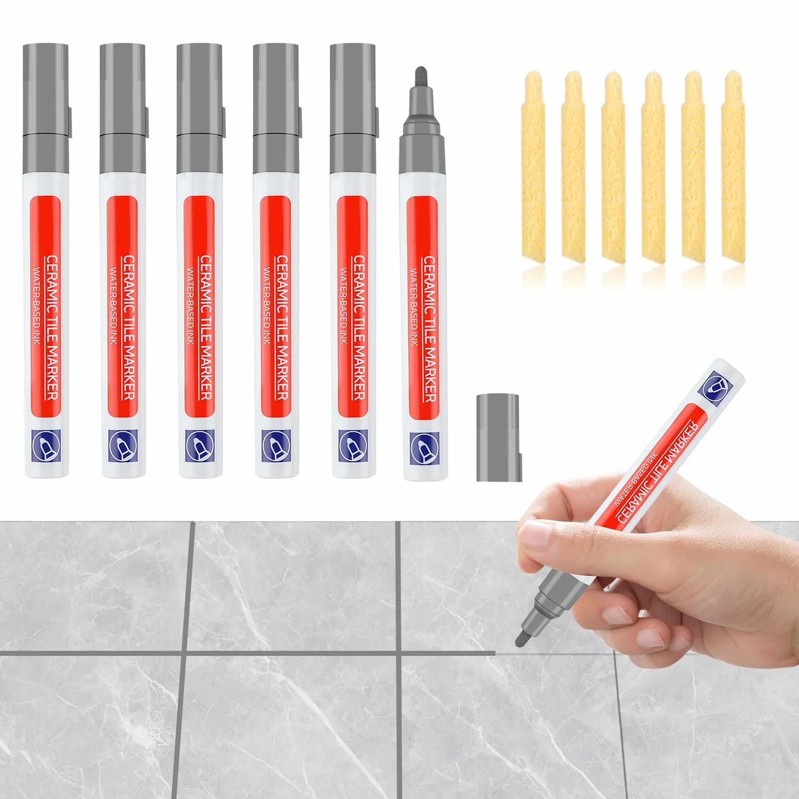 6 Pièces Stylo Joint Carrelage Gris Marqueur Joints Imperméable Grout Pen avec 6 Pointes de Rechange Rénovateur Coulis Facile à Appliquer Crayon à Coulis Réparation pour Cuisine Salle Bain Murs