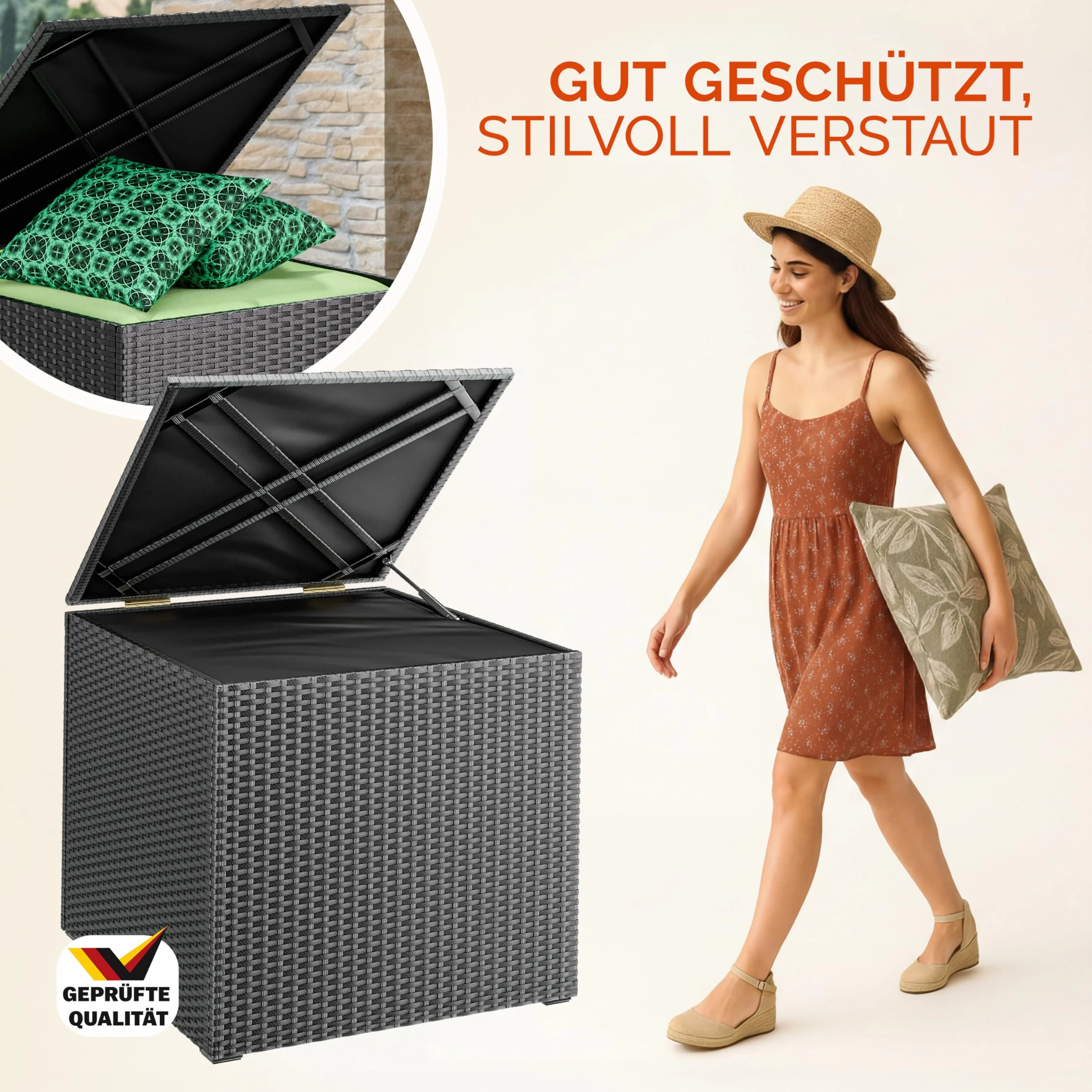 Casaria Coffre de rangement 318 L 75x75x70cm Polyrotin Résistant intempéries Imperméable Balcon Noir