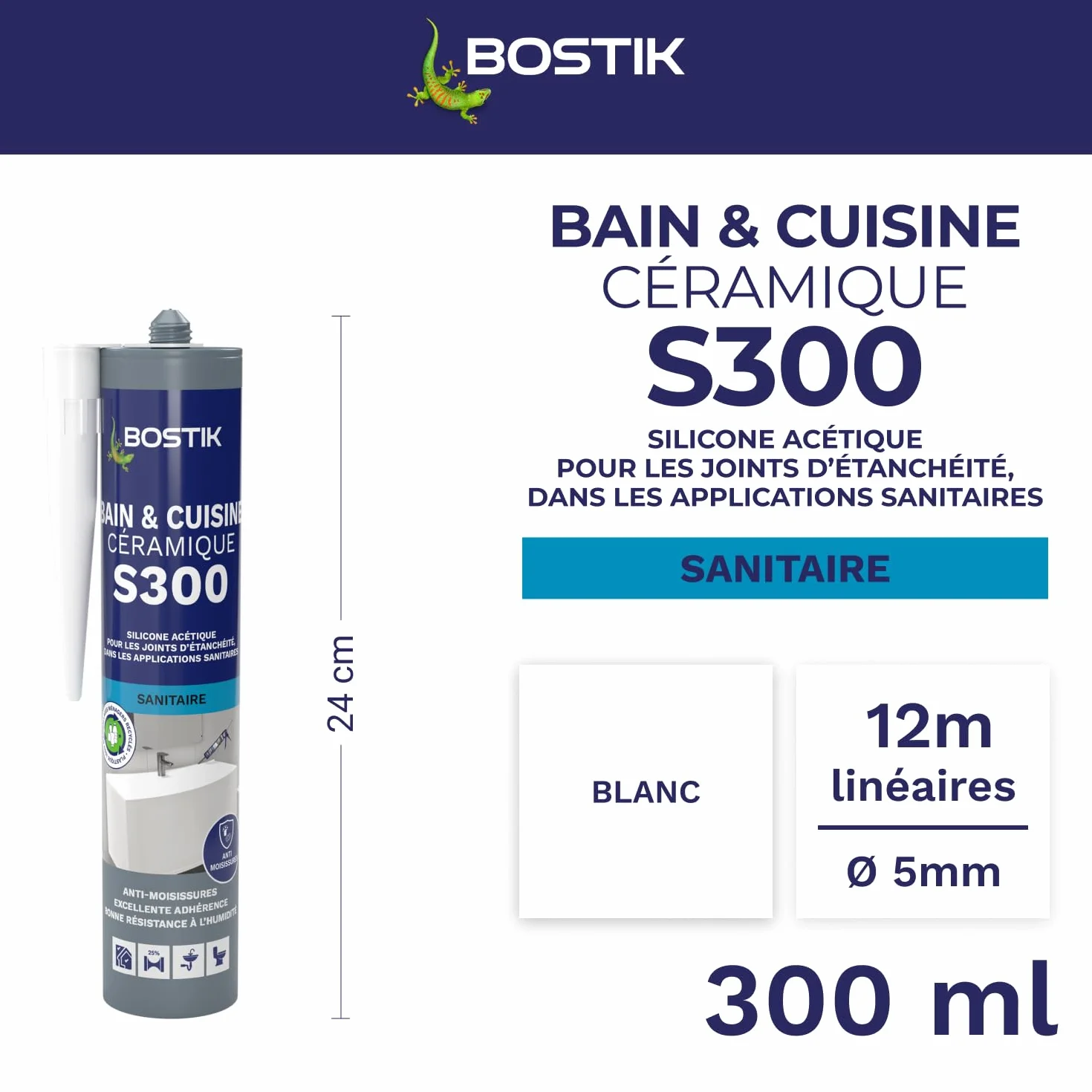 Bostik S300 – Mastic Silicone Etanchéité Bain et Cuisine – Traité Anti Moisissure – Facile à Lisser – Résiste aux Produits d'Entretien – Blanc – Cartouche de 300 ml