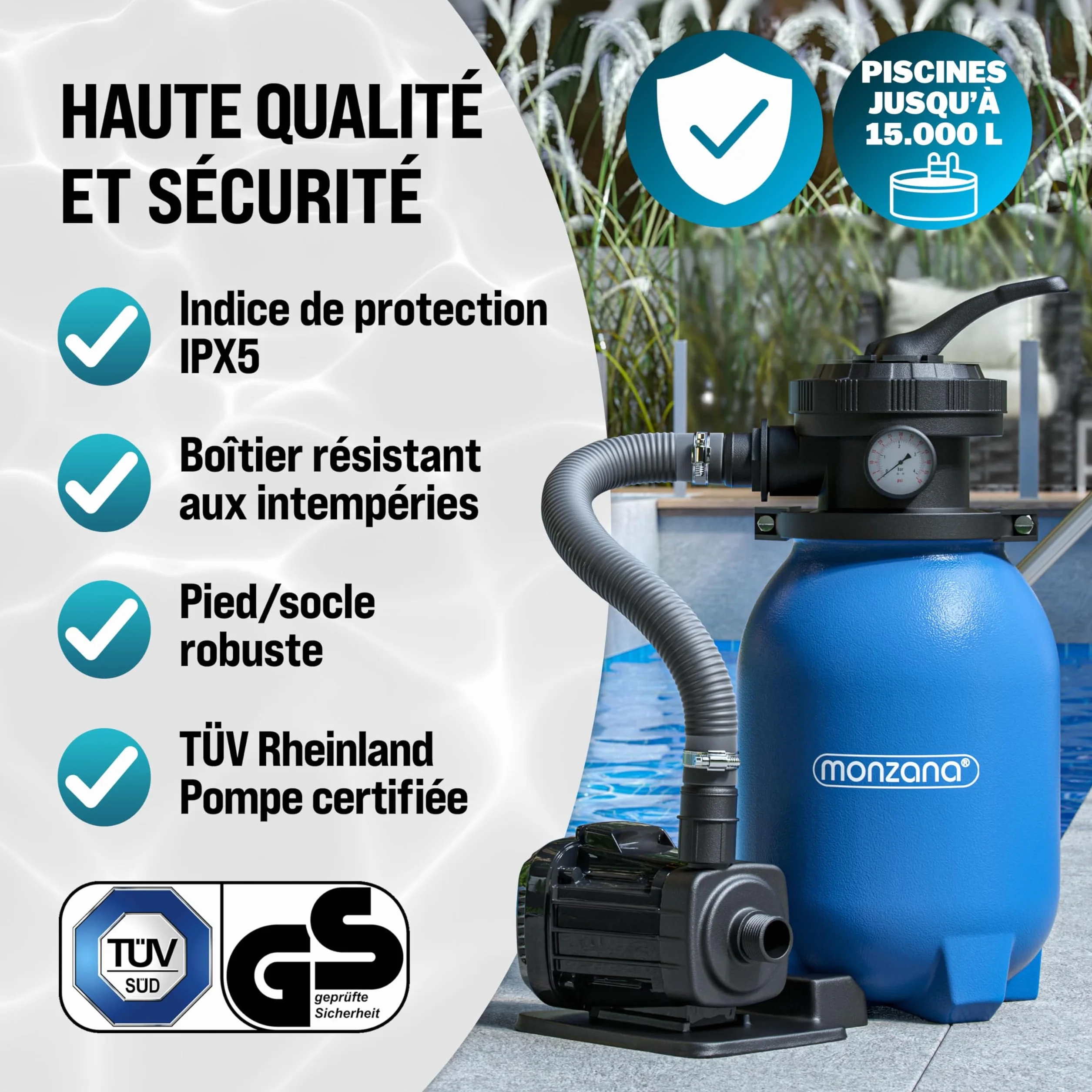 MONZANA Pompe filtre à sable 5 m³ auto-amorçante pour piscines jusqu'à 15 m³ vanne 7 voies Ø32-38mm