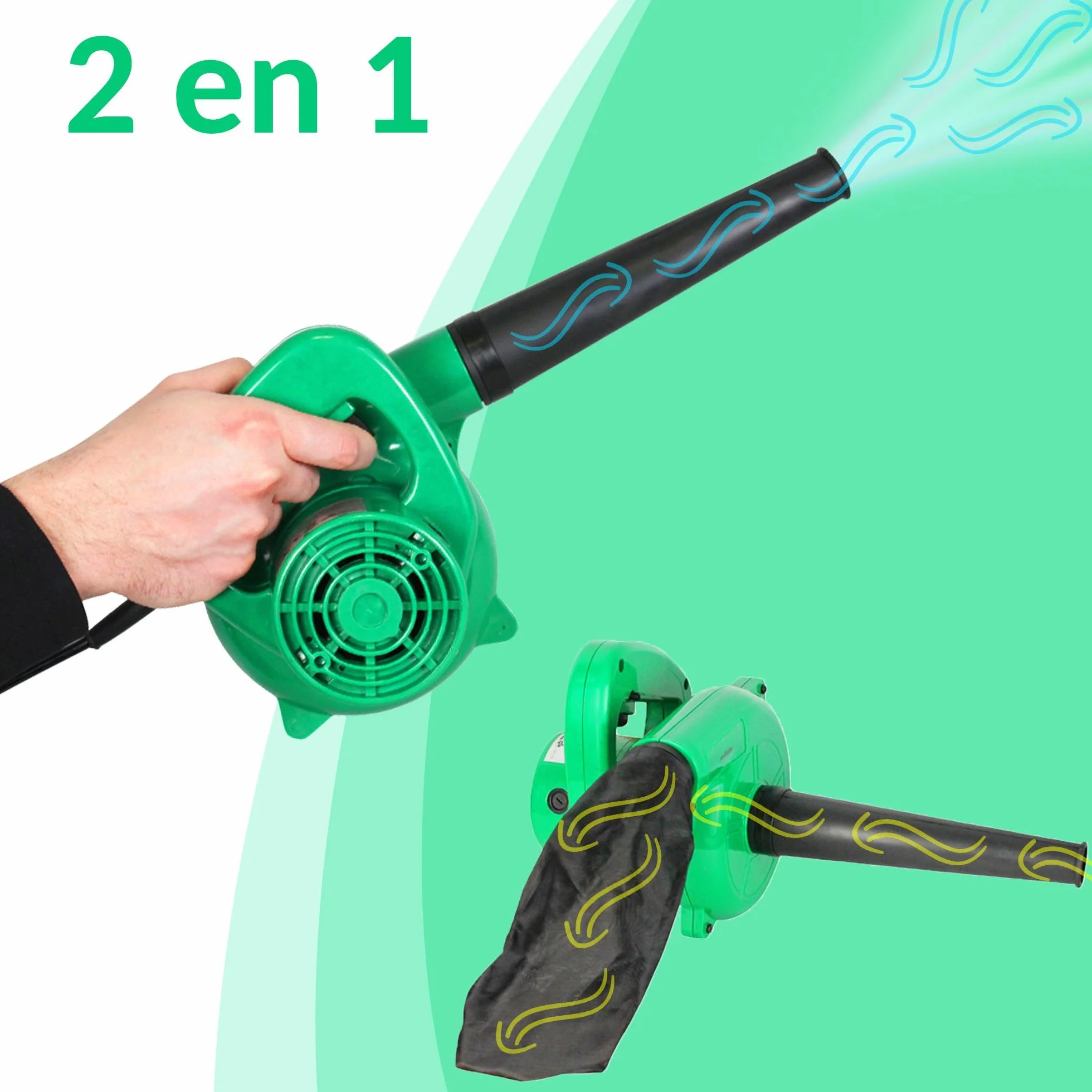 FISHTEC Mini Souffleur Aspirateur 2 en 1 500W Électrique avec Sac Feuilles Jardin