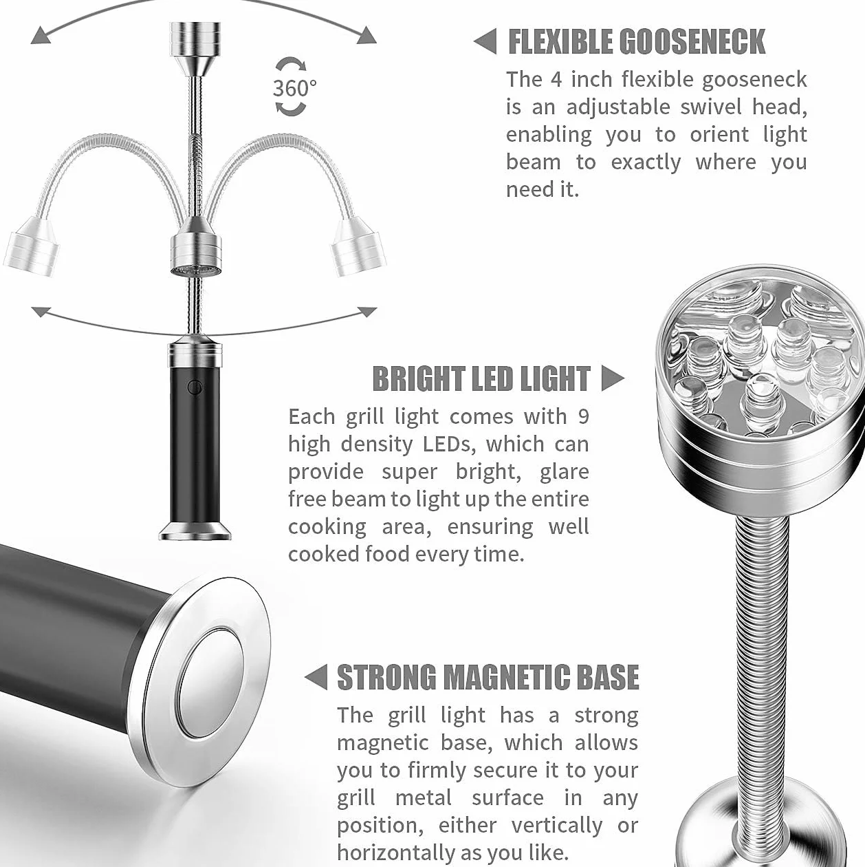 Lampe pour Barbecue LED Lot de 2 avec Base Magnétique Rotation 360° Flexible Réglable