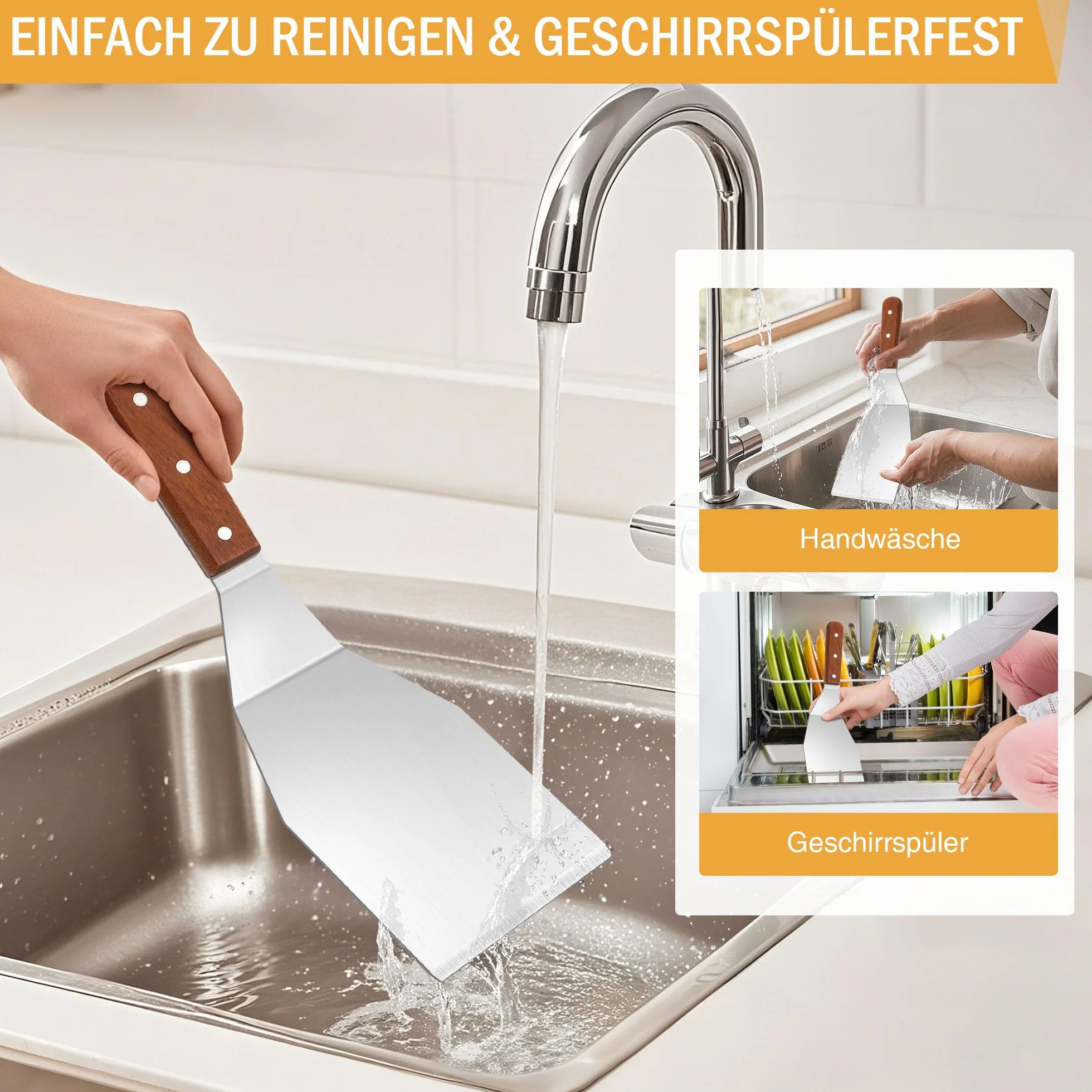 Spatule en inox 34x11 cm avec manche en bois résistante à la chaleur pour cuisine barbecue crêpe pizza