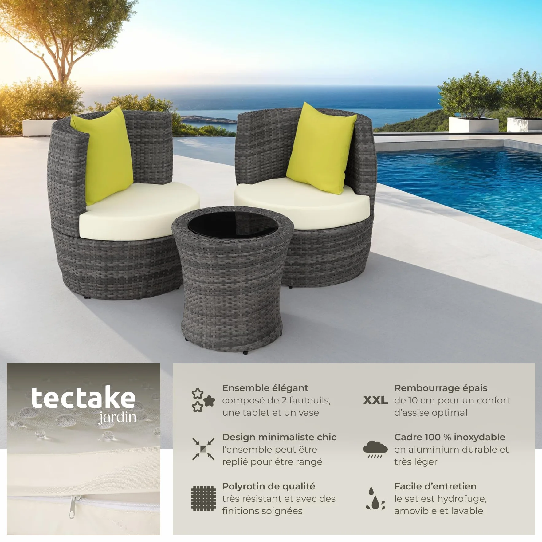 Ensemble Salon de Jardin Aluminium Poly Rotin 2 Personnes Fauteuil Table Coussins Pot de Fleur Inclus