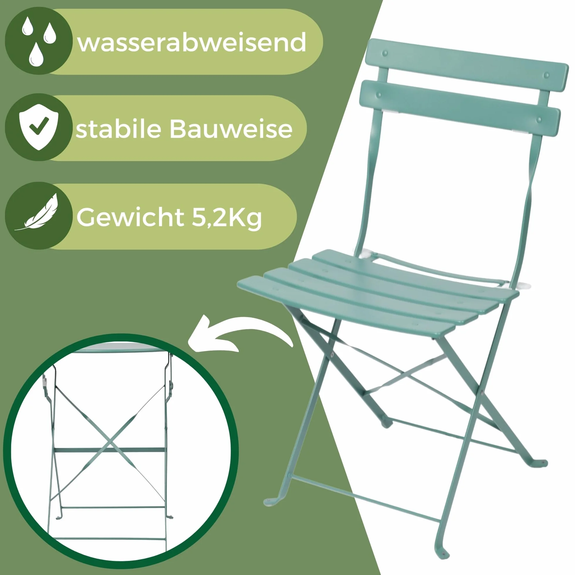 Albatros Ensemble de bistrot 3 pièces vert – Table et chaises pliables en métal robuste pour balcon ou jardin