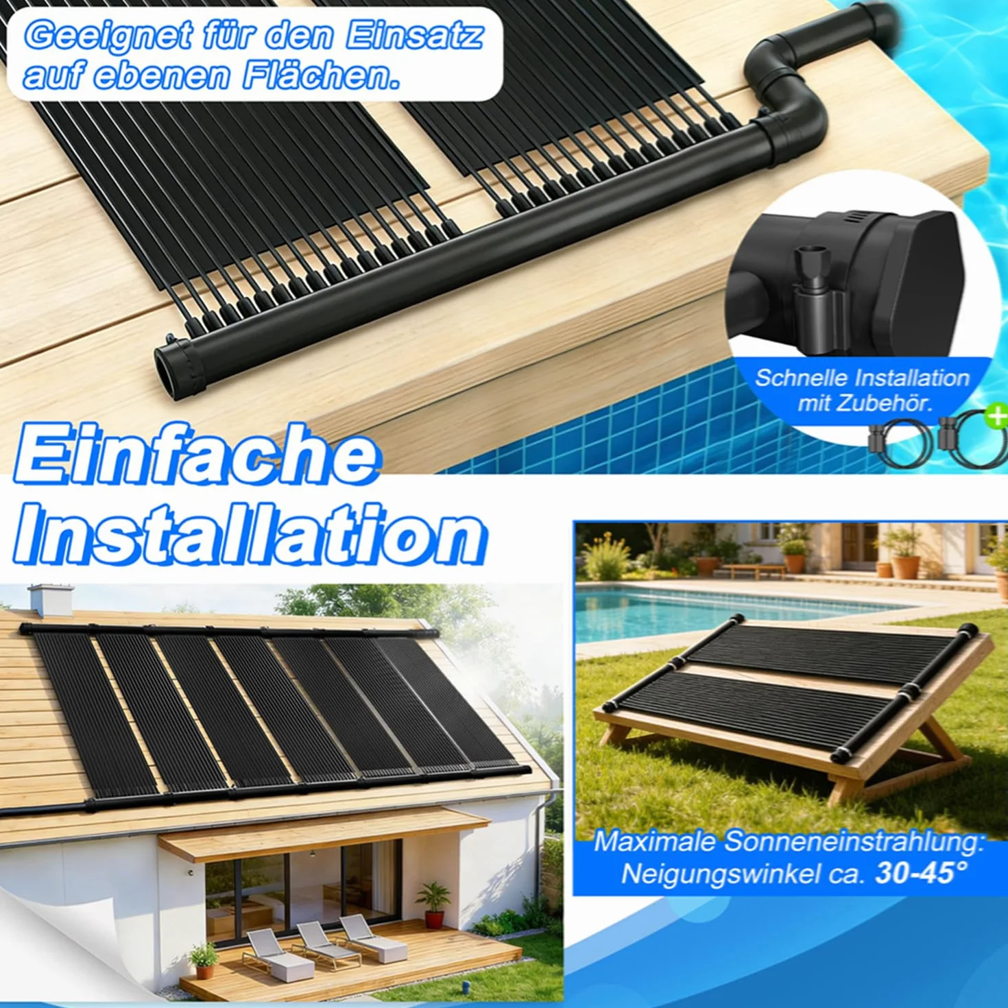 Ensemble de chauffage solaire pour piscine 500x140 cm, absorbeur solaire modulaire avec colliers et raccords