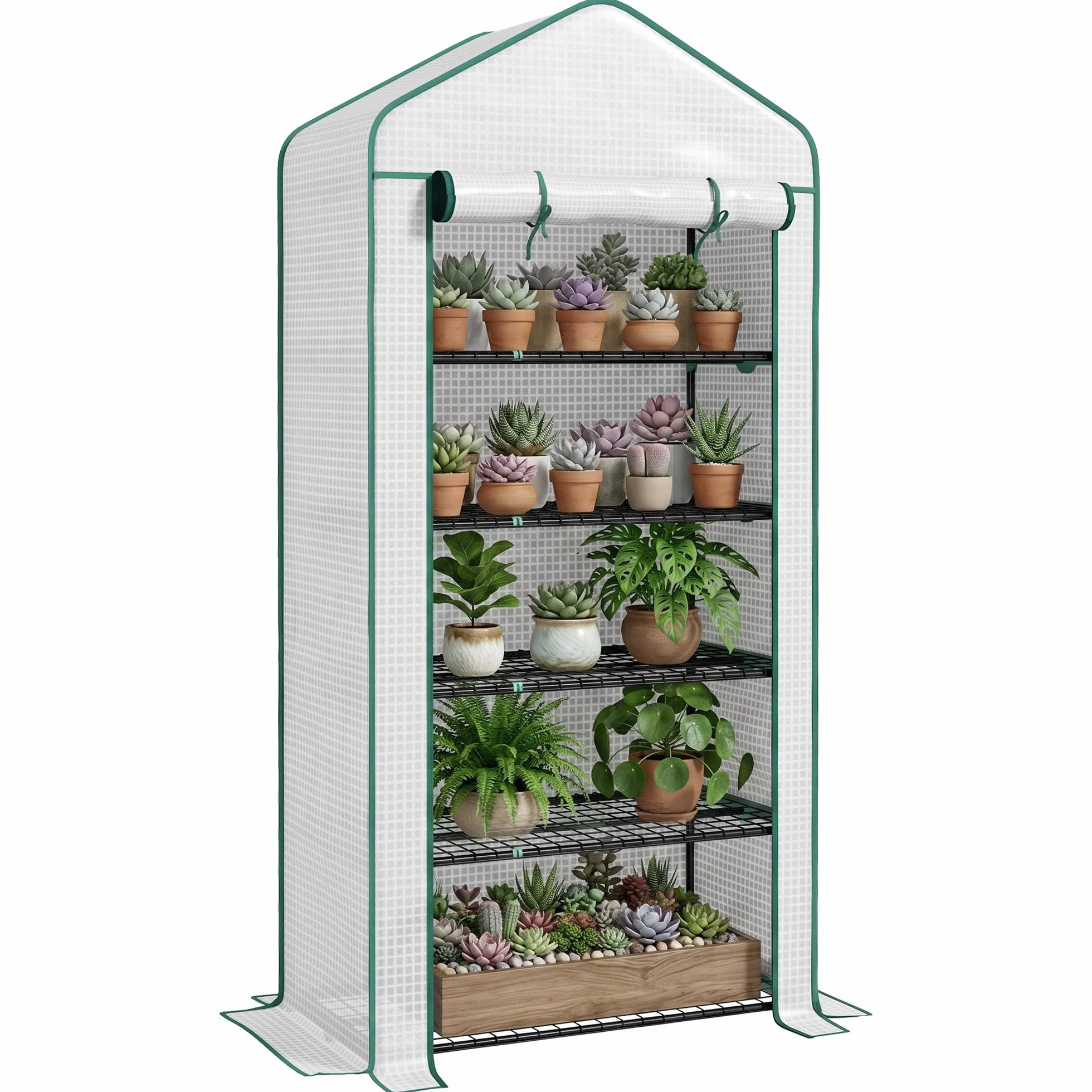Outsunny Serre de Jardin 5 Niveaux, Balcon, Acier, Porte zippée Enroulable, 90x49x193cm, Blanc