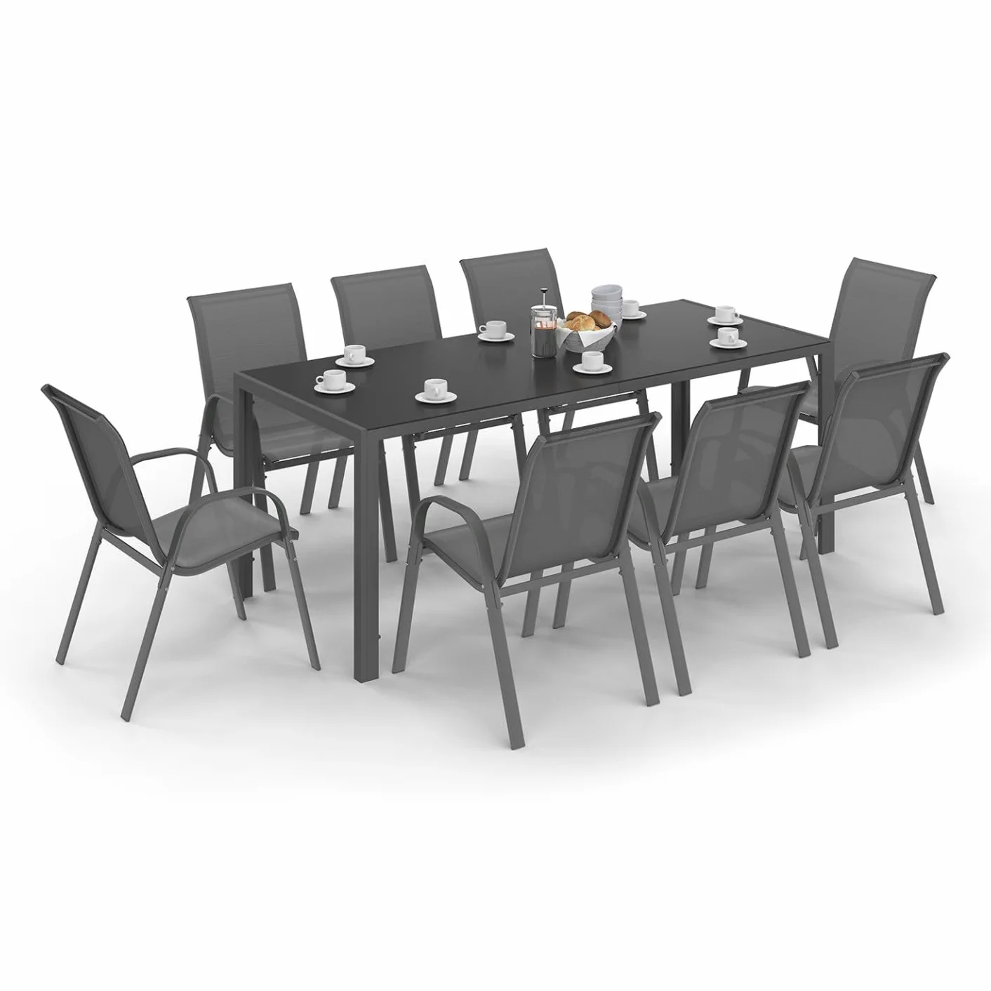 Salon de Jardin Madrid Table 190 CM 8 Chaises Empilables Gris Anthracite