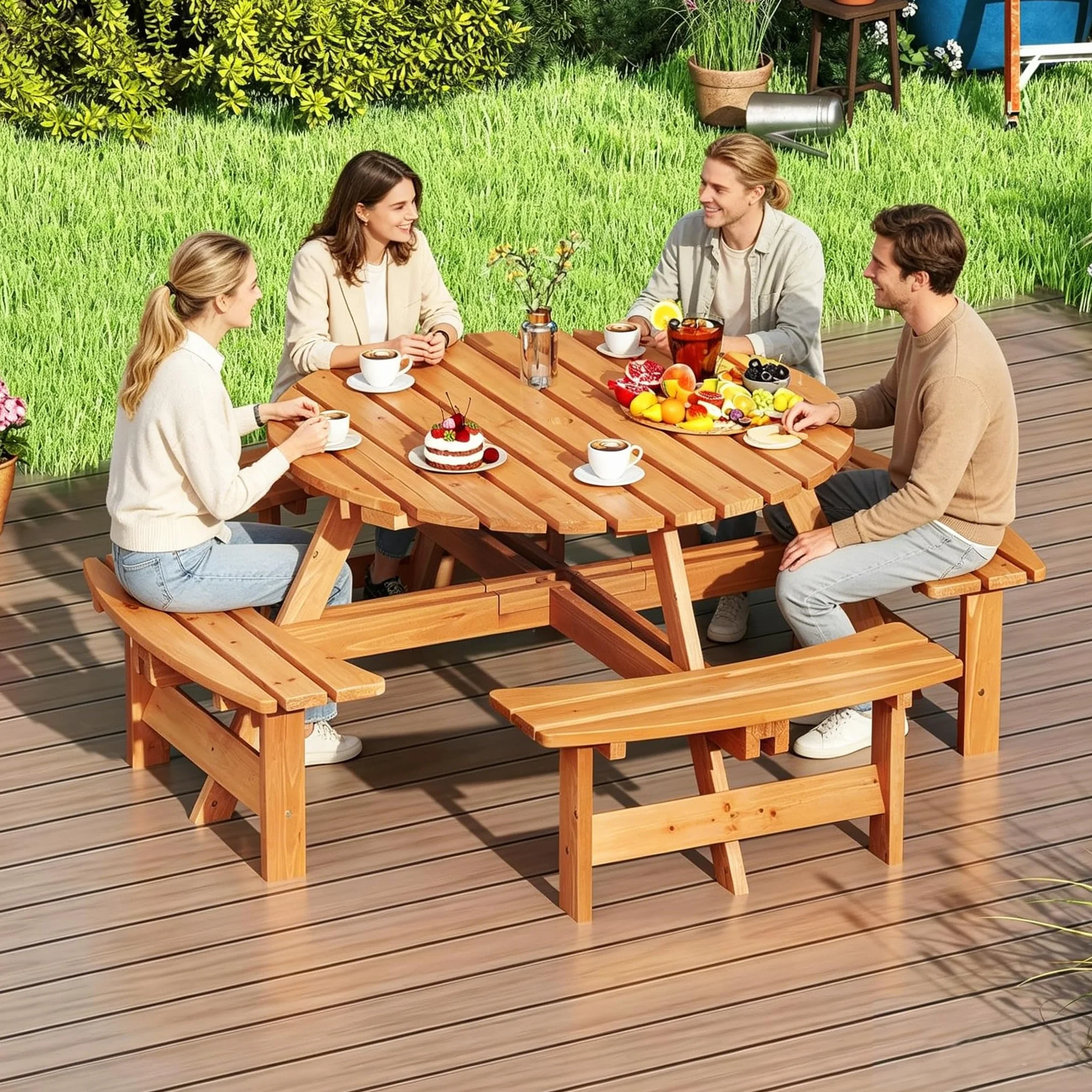 COSTWAY Table de Pique-Nique Bois 2-8 Personnes Set Jardin Bancs Circulaire 4 Bancs Intégrés Parasol 5 cm Jaune 179x179x70 cm